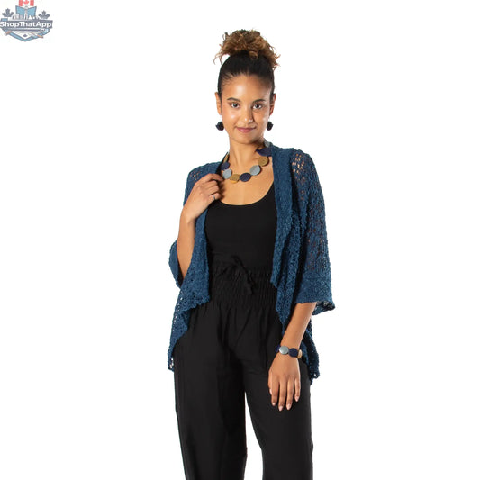 Navy blue short sleeve popcorn knit cardigan by Suzie Blue Canada, featuring a cozy, textured knit pattern.