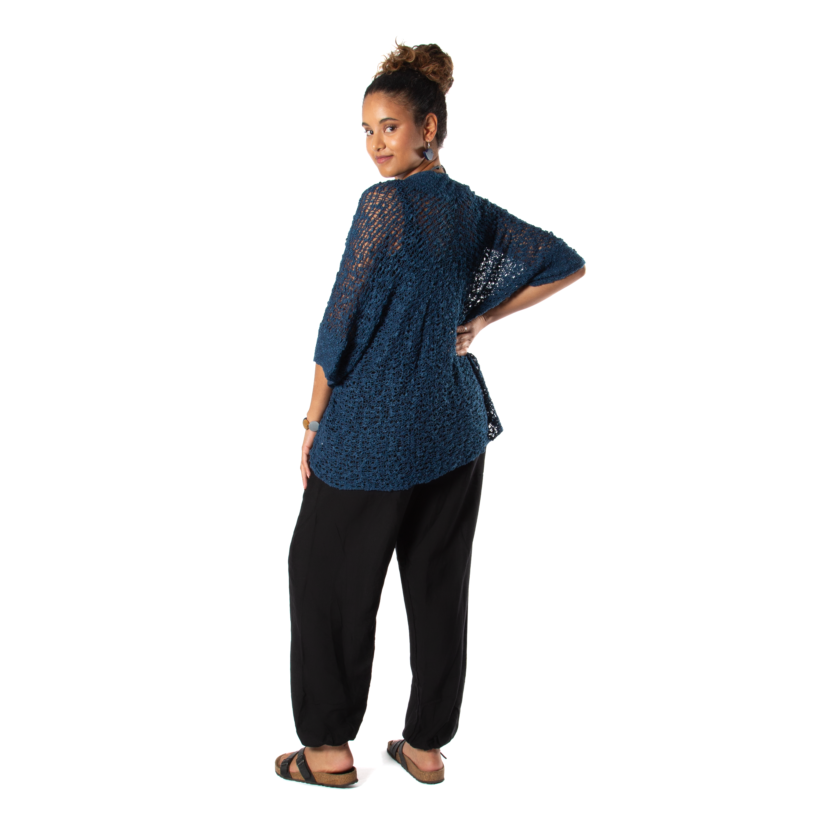 Navy Blue Popcorn Knit Cardigan - Short Sleeve Style - Shopthatapp.ca