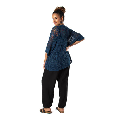 Navy blue popcorn knit short sleeve cardigan by Suzie Blue Canada, featuring a cozy textured fabric and relaxed fit.