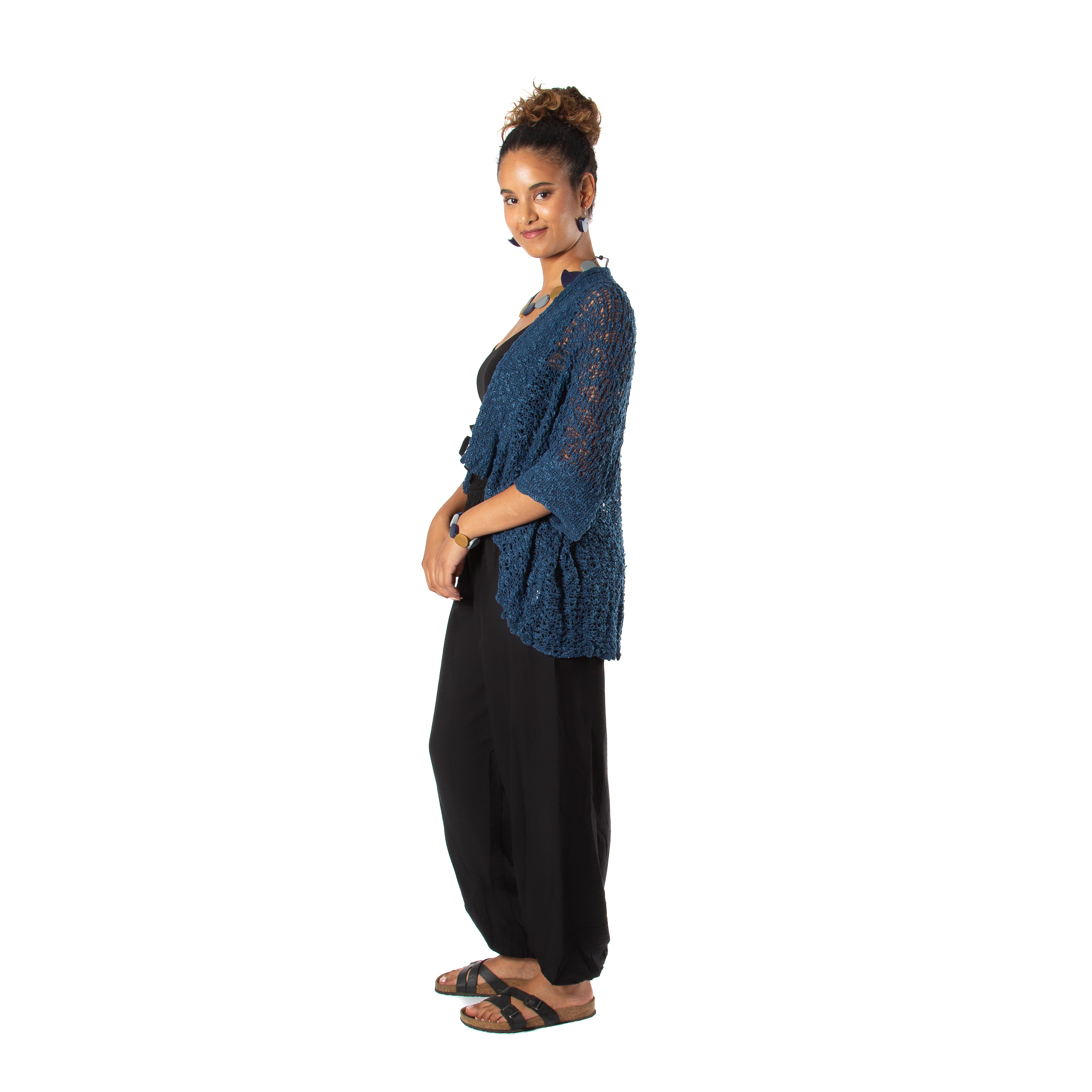 Navy Blue Popcorn Knit Cardigan - Short Sleeve Style - Shopthatapp.ca
