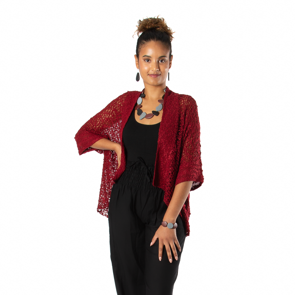 Popcorn Knit Cardigan in Claret Red - Perfect Short Sleeve Layering Essential - Shopthatapp.ca
