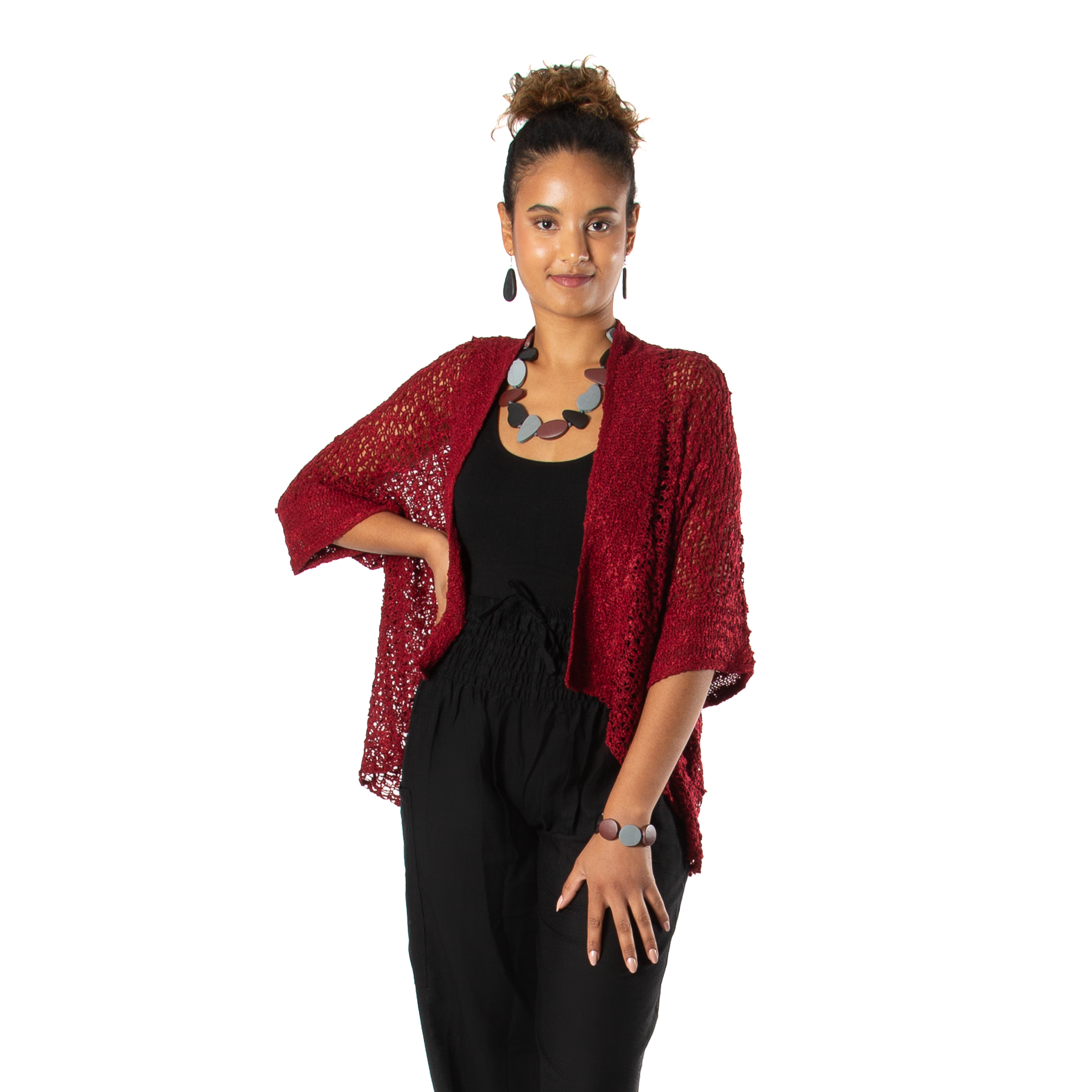 Popcorn Knit Cardigan in Claret Red - Perfect Short Sleeve Layering Essential - Shopthatapp.ca
