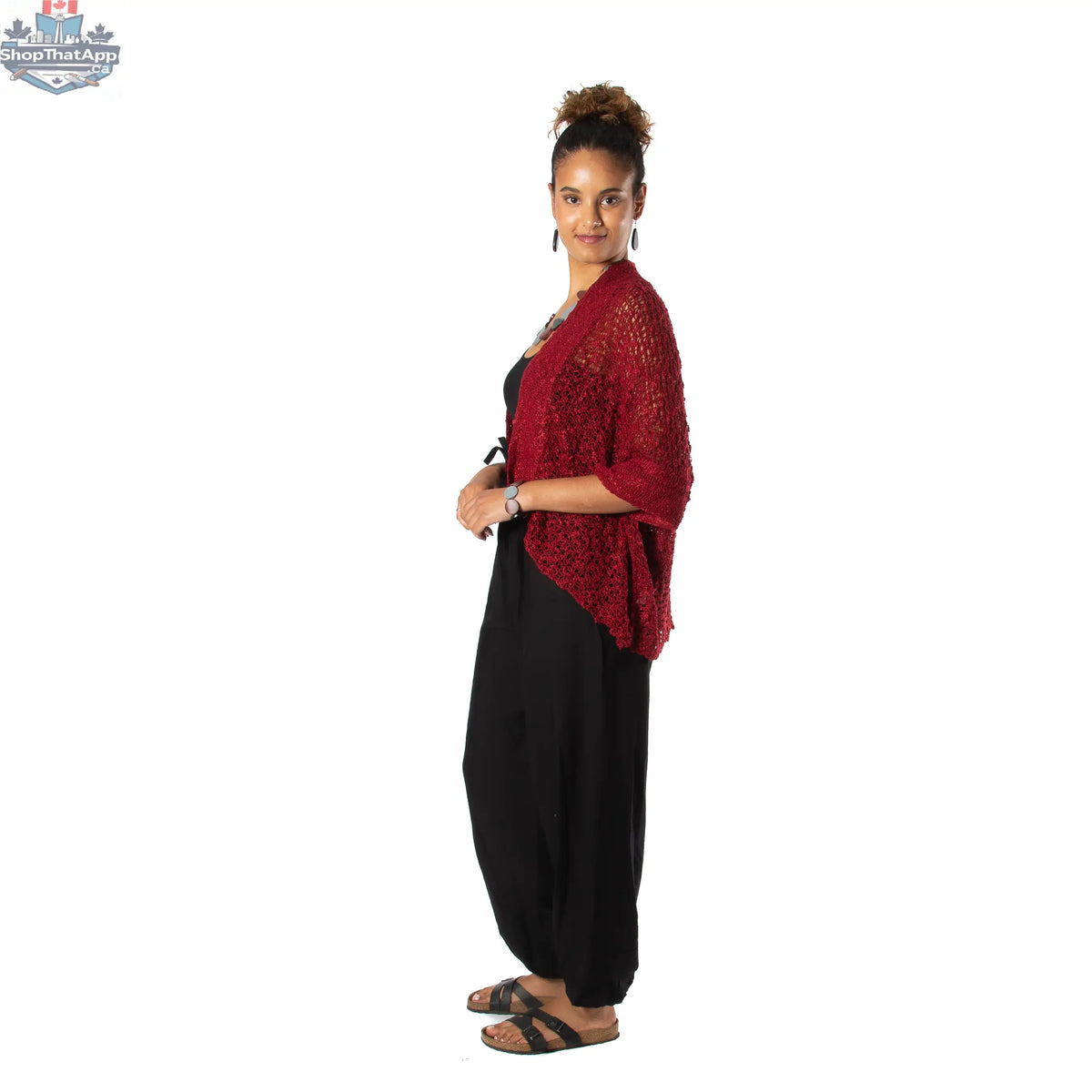 Suzie Blue Canada popcorn knit cardigan in claret red with short sleeves, ideal for layering and casual wear.