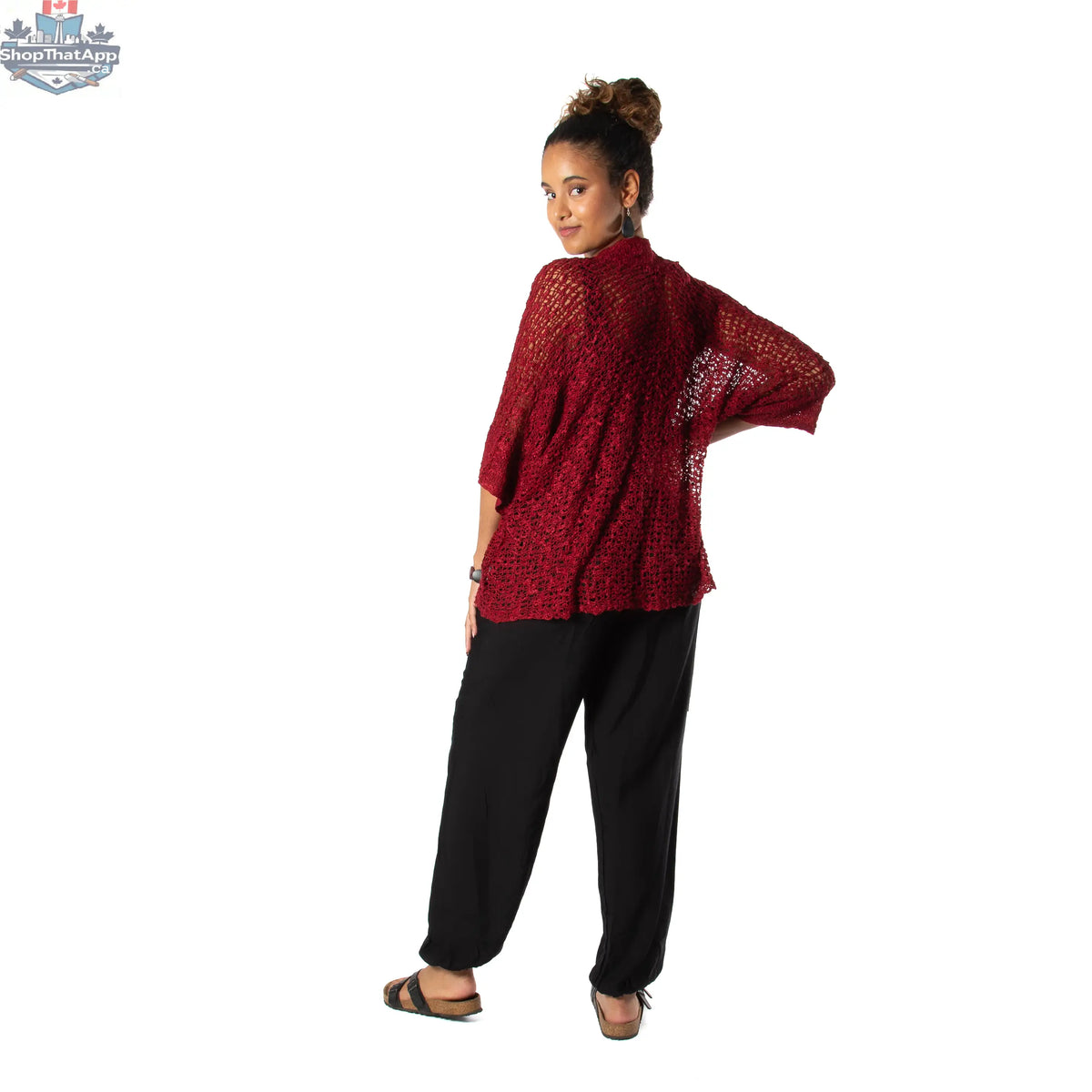 Suzie Blue Canada popcorn knit cardigan in claret red with short sleeves, soft layering essential for casual or dressy outfits.
