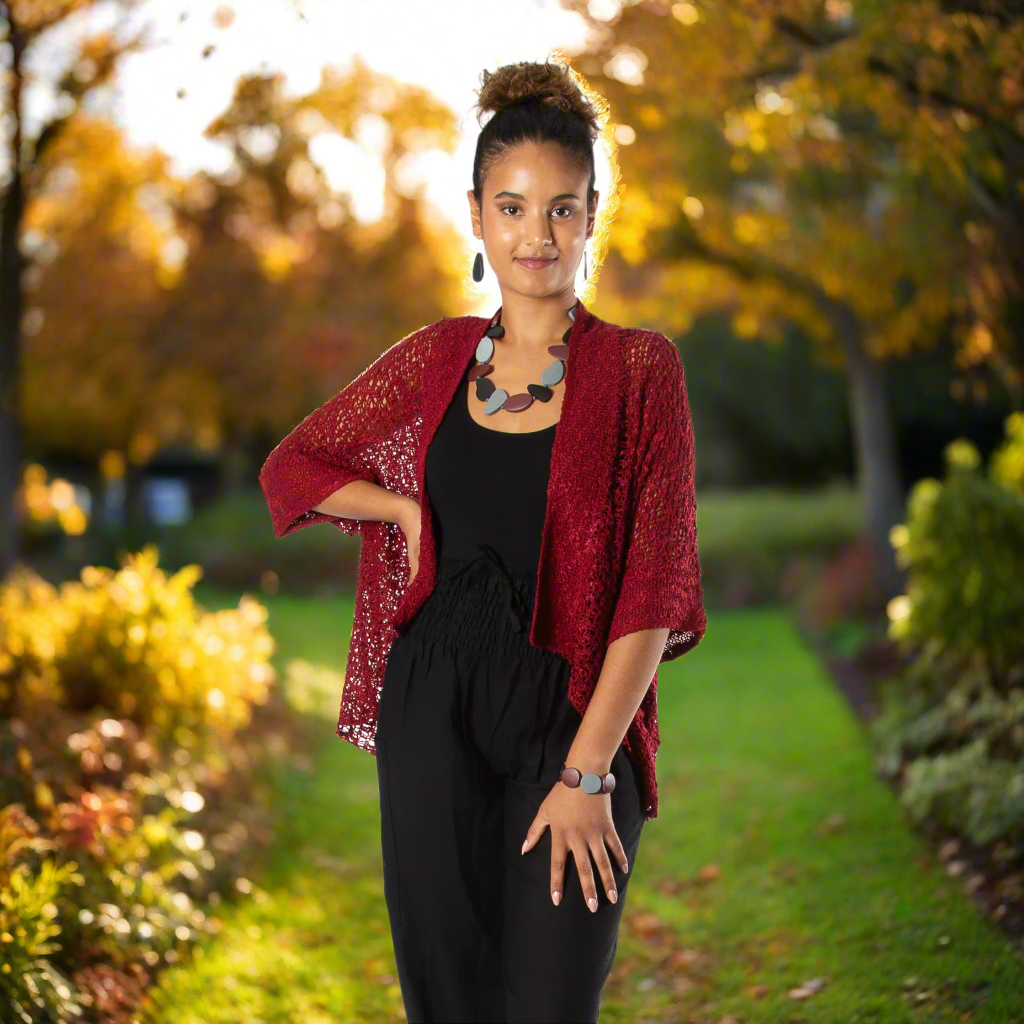 Popcorn Knit Cardigan in Claret Red - Perfect Short Sleeve Layering Essential - Shopthatapp.ca