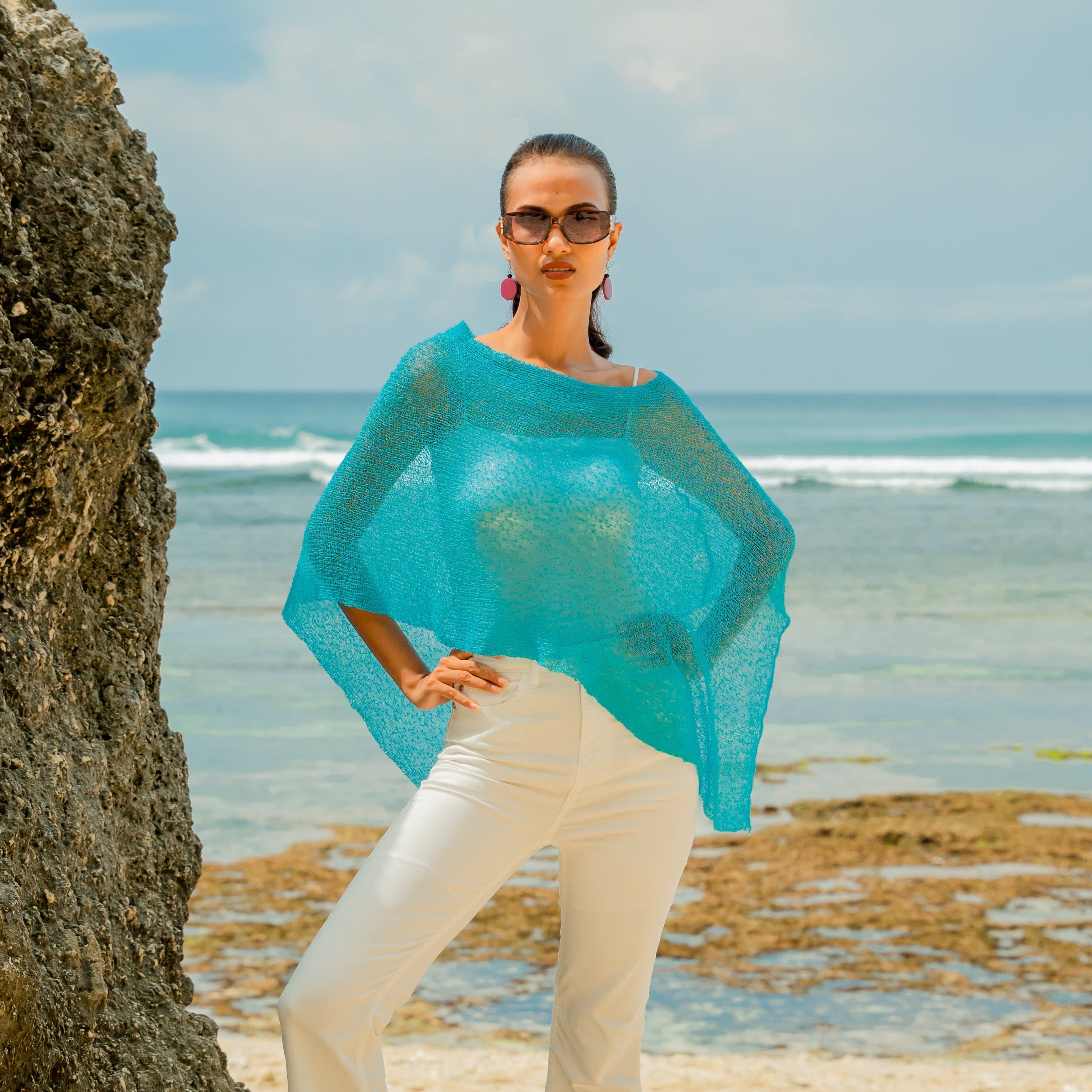 Sheer Mesh Poncho Teal - Stylish and Versatile Layering Piece - Shopthatapp.ca