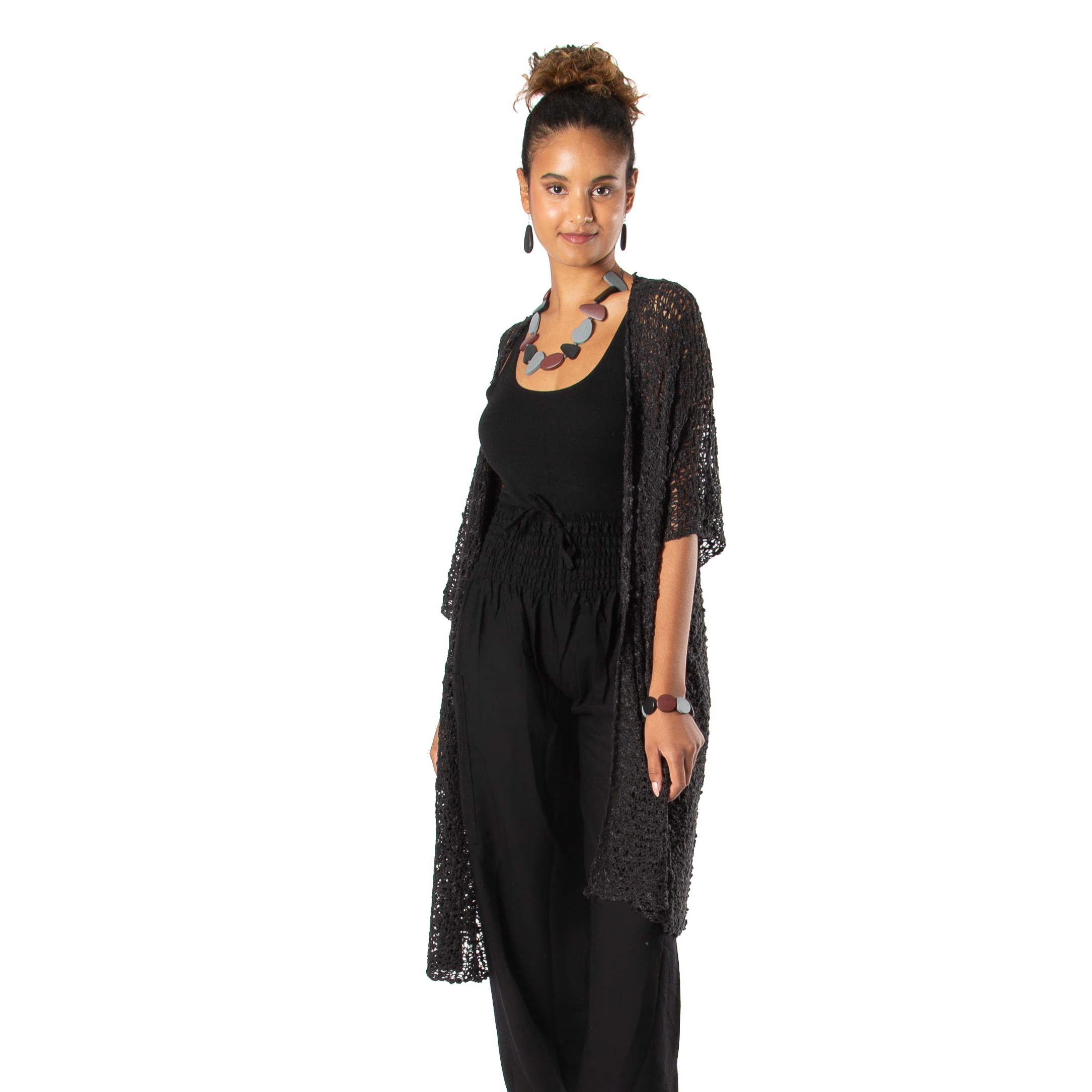 Mid Length Black Kimono - Popcorn Knit Style in Black - Shopthatapp.ca