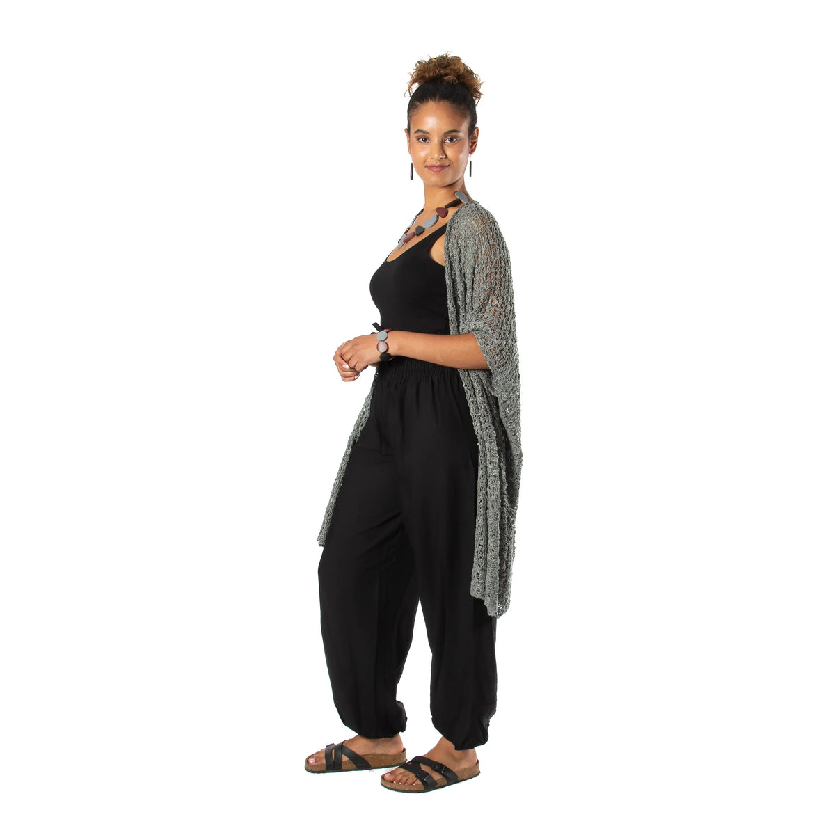 Grey mid-length popcorn knit kimono by Suzie Blue Canada, showcasing its cozy, textured fabric and relaxed fit.