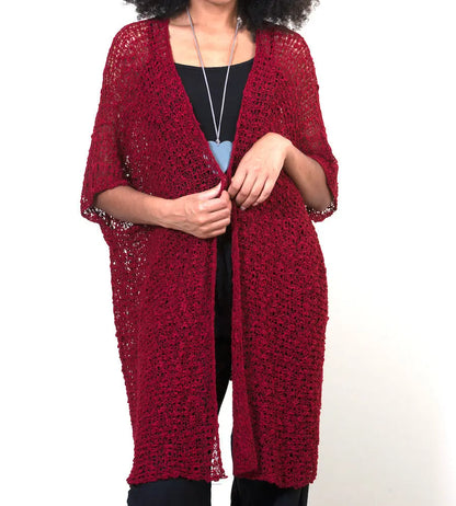 Mid-length claret red popcorn knit kimono by Suzie Blue Canada, featuring a relaxed fit and textured fabric.