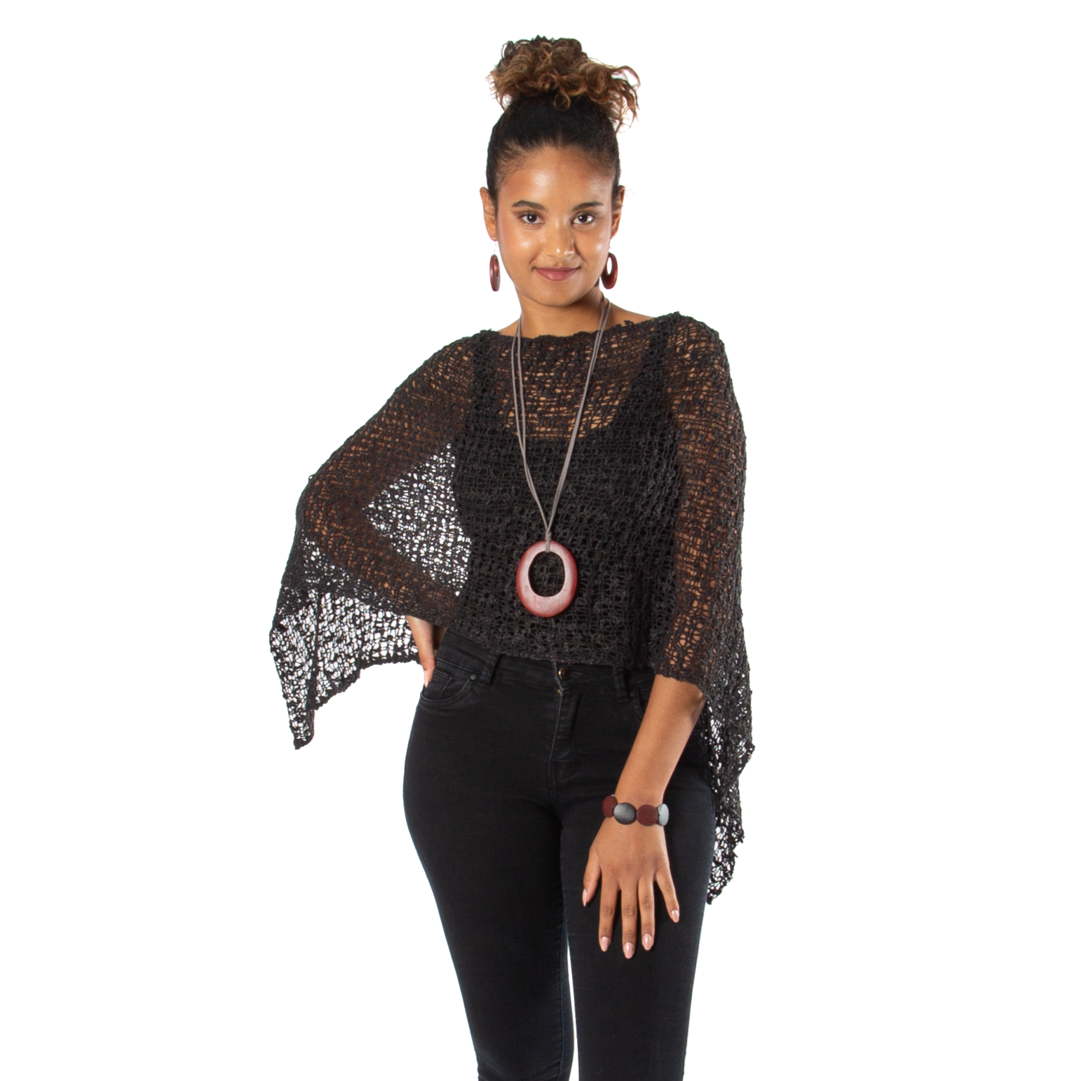 Short Popcorn Knit Poncho - Charcoal Black with Silver Plated Triangle Earrings - Shopthatapp.ca