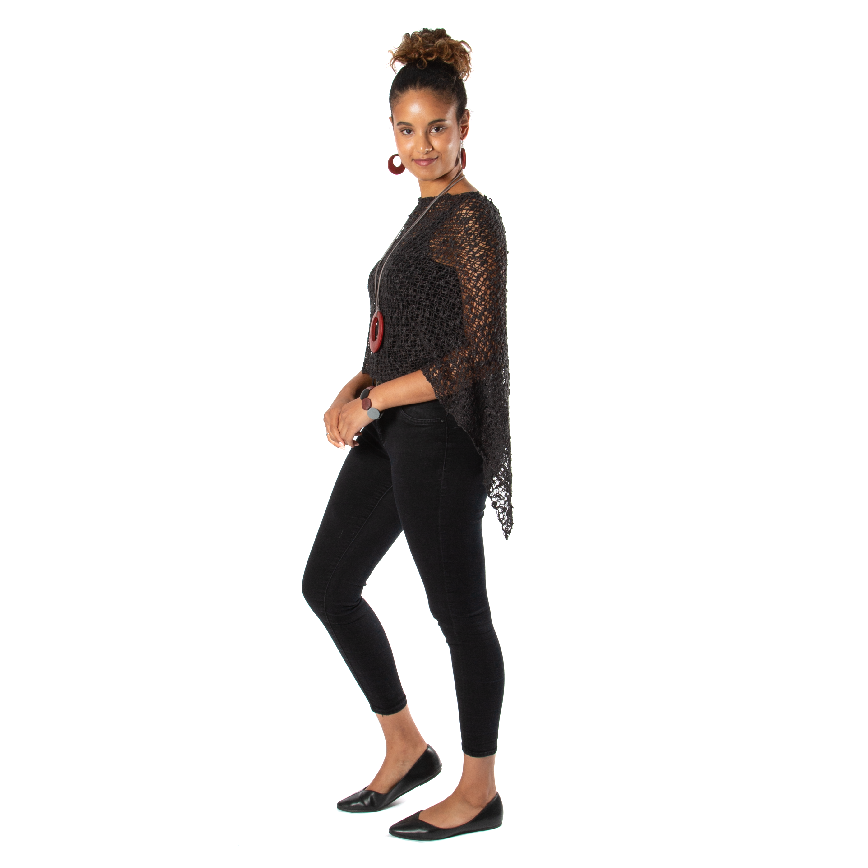 Short Popcorn Knit Poncho - Charcoal Black with Silver Plated Triangle Earrings - Shopthatapp.ca