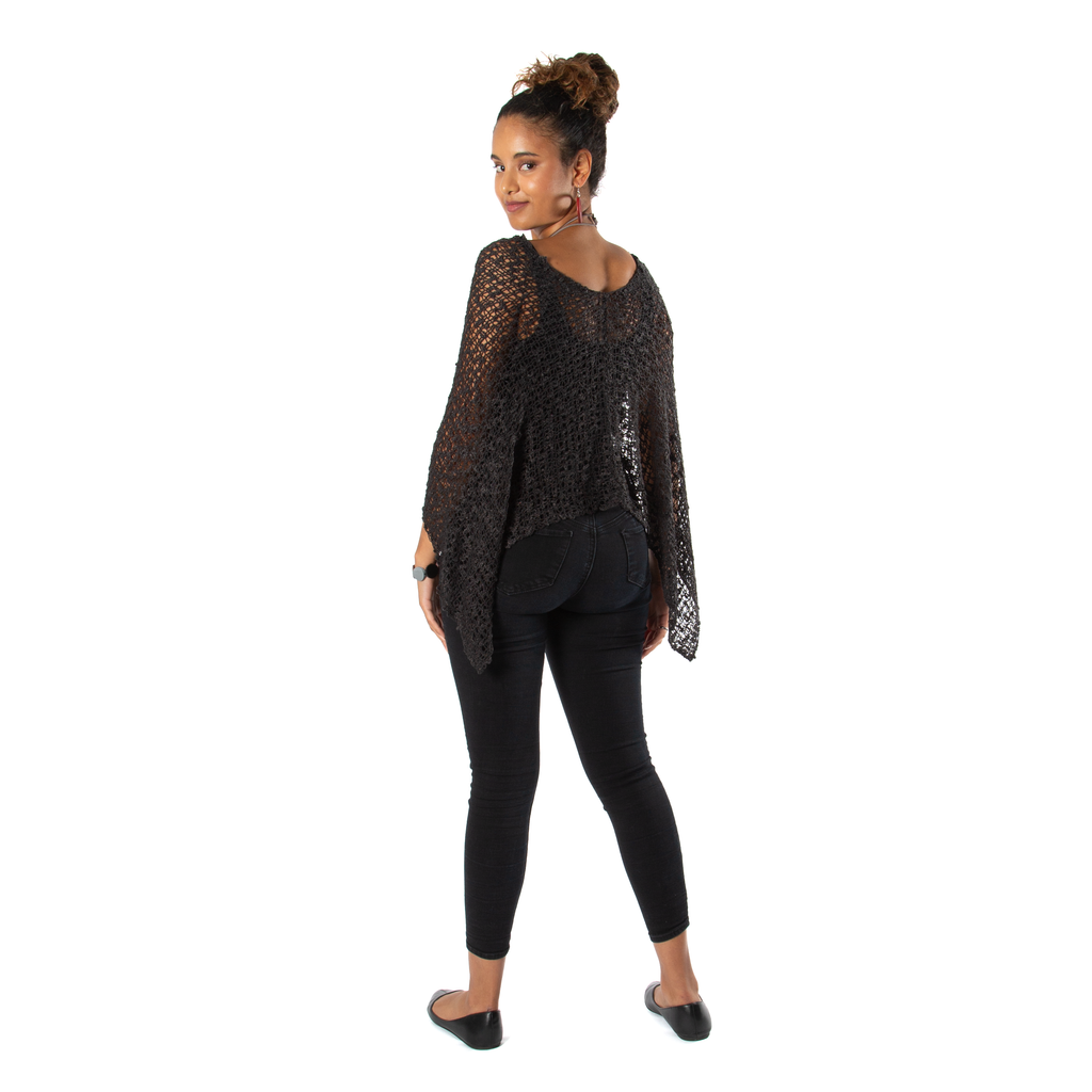 Short Popcorn Knit Poncho - Charcoal Black with Silver Plated Triangle Earrings - Shopthatapp.ca