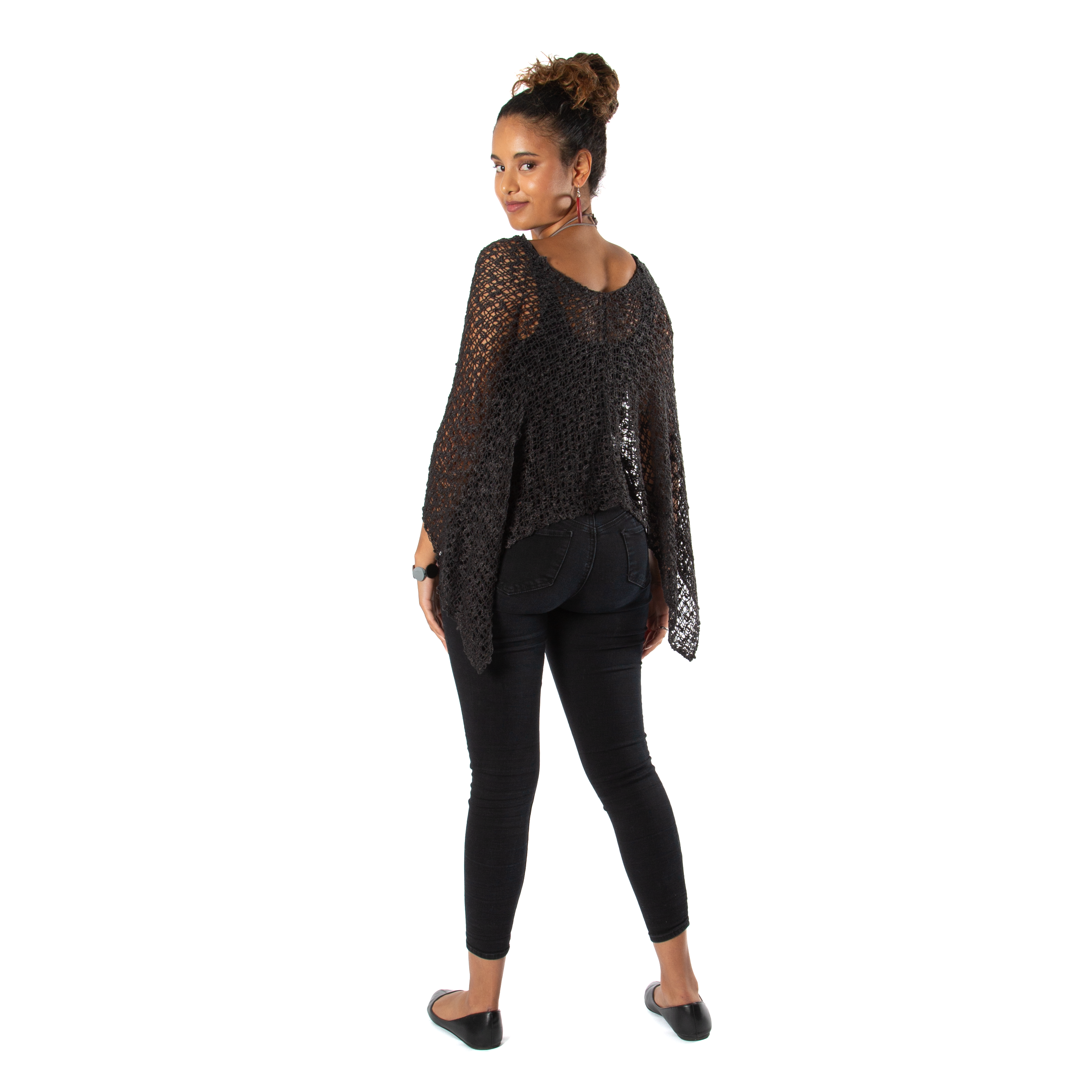 Short Popcorn Knit Poncho - Charcoal Black with Silver Plated Triangle Earrings - Shopthatapp.ca