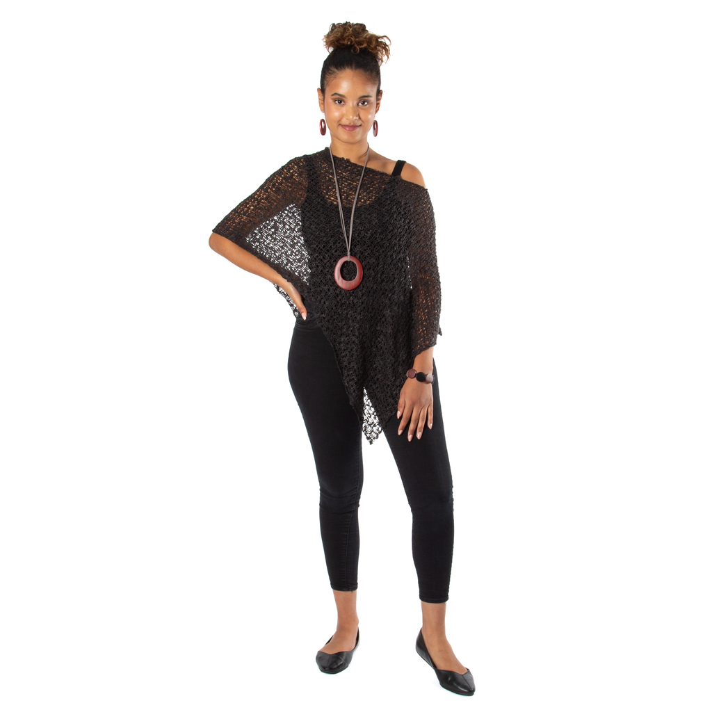 Short Popcorn Knit Poncho - Charcoal Black with Silver Plated Triangle Earrings - Shopthatapp.ca