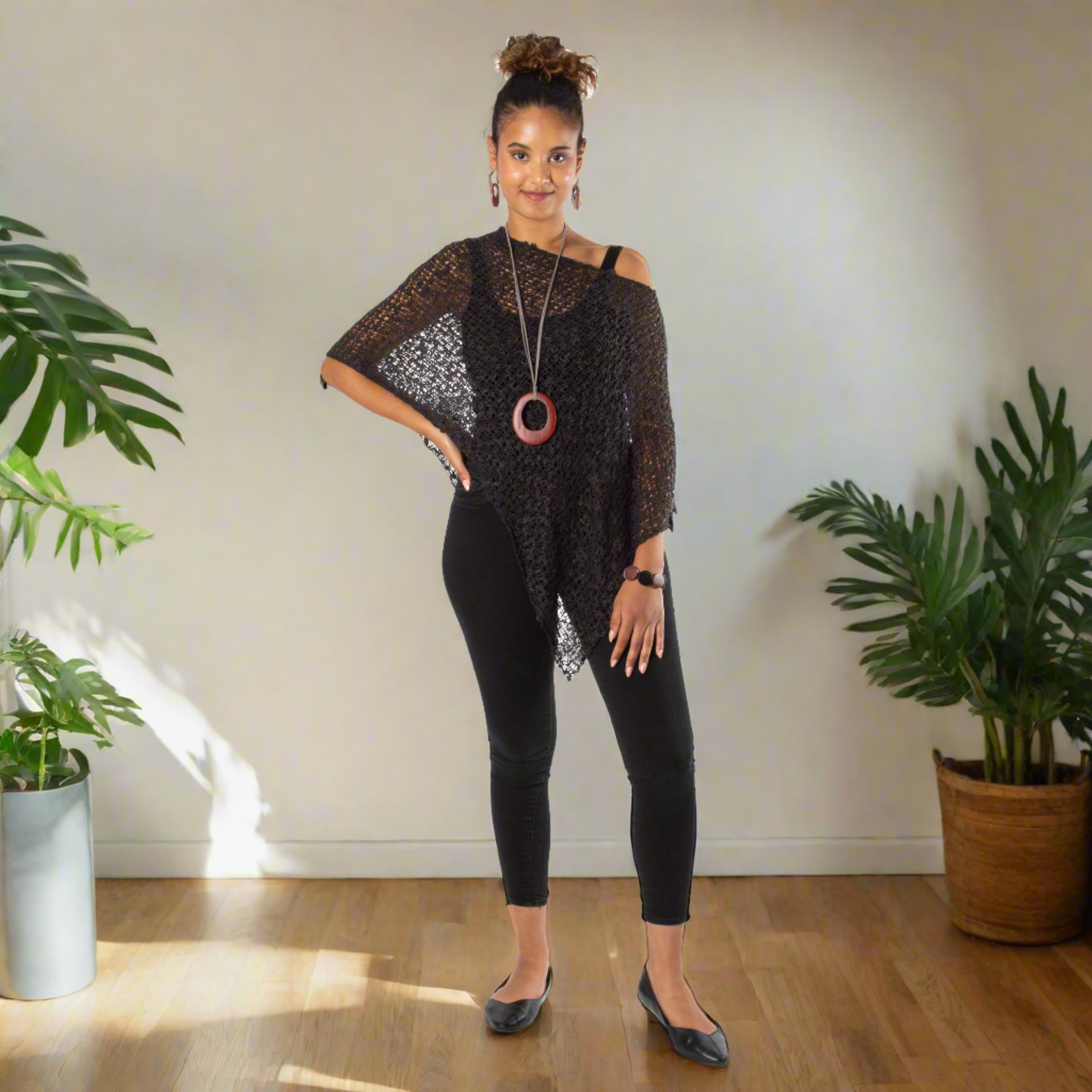Short Popcorn Knit Poncho - Charcoal Black with Silver Plated Triangle Earrings - Shopthatapp.ca
