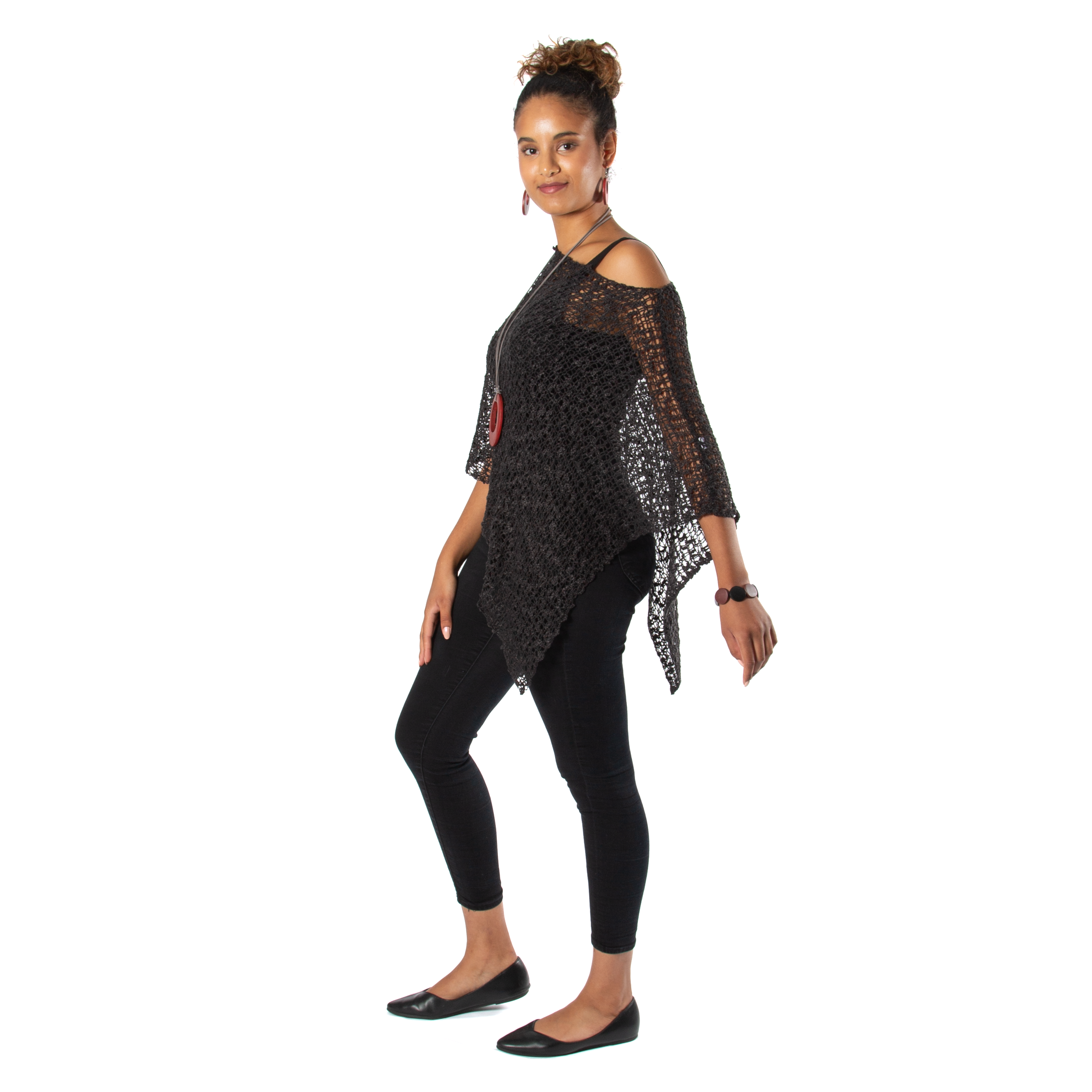 Short Popcorn Knit Poncho - Charcoal Black with Silver Plated Triangle Earrings - Shopthatapp.ca