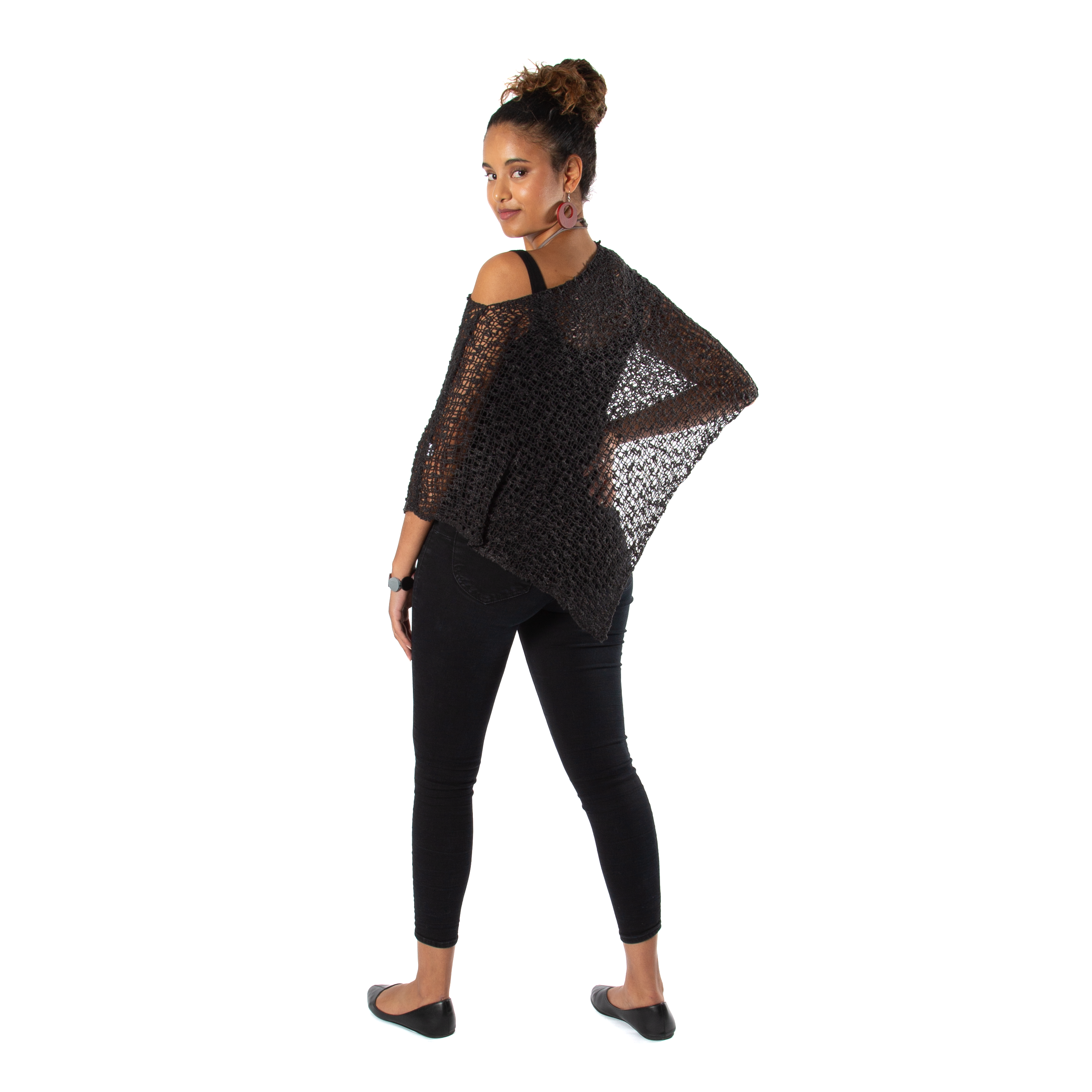 Short Popcorn Knit Poncho - Charcoal Black with Silver Plated Triangle Earrings - Shopthatapp.ca