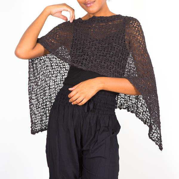 Short Popcorn Knit Poncho - Charcoal Black with Silver Plated Triangle Earrings - Shopthatapp.ca