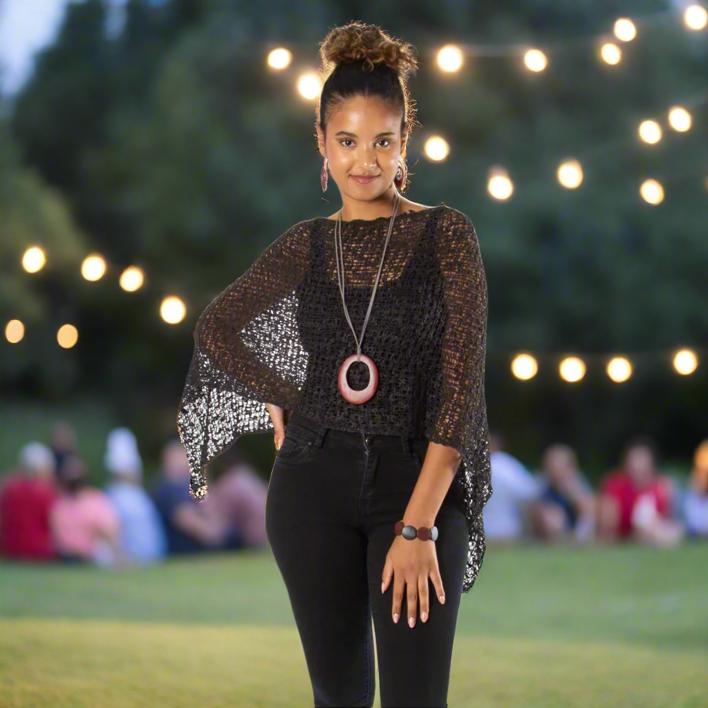 Short Popcorn Knit Poncho - Charcoal Black with Silver Plated Triangle Earrings - Shopthatapp.ca