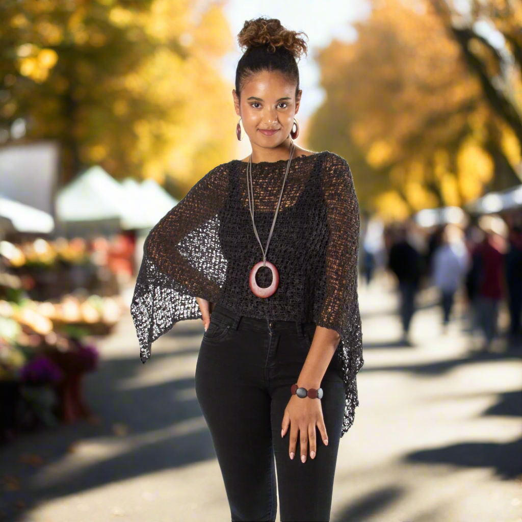 Short Popcorn Knit Poncho - Charcoal Black with Silver Plated Triangle Earrings - Shopthatapp.ca