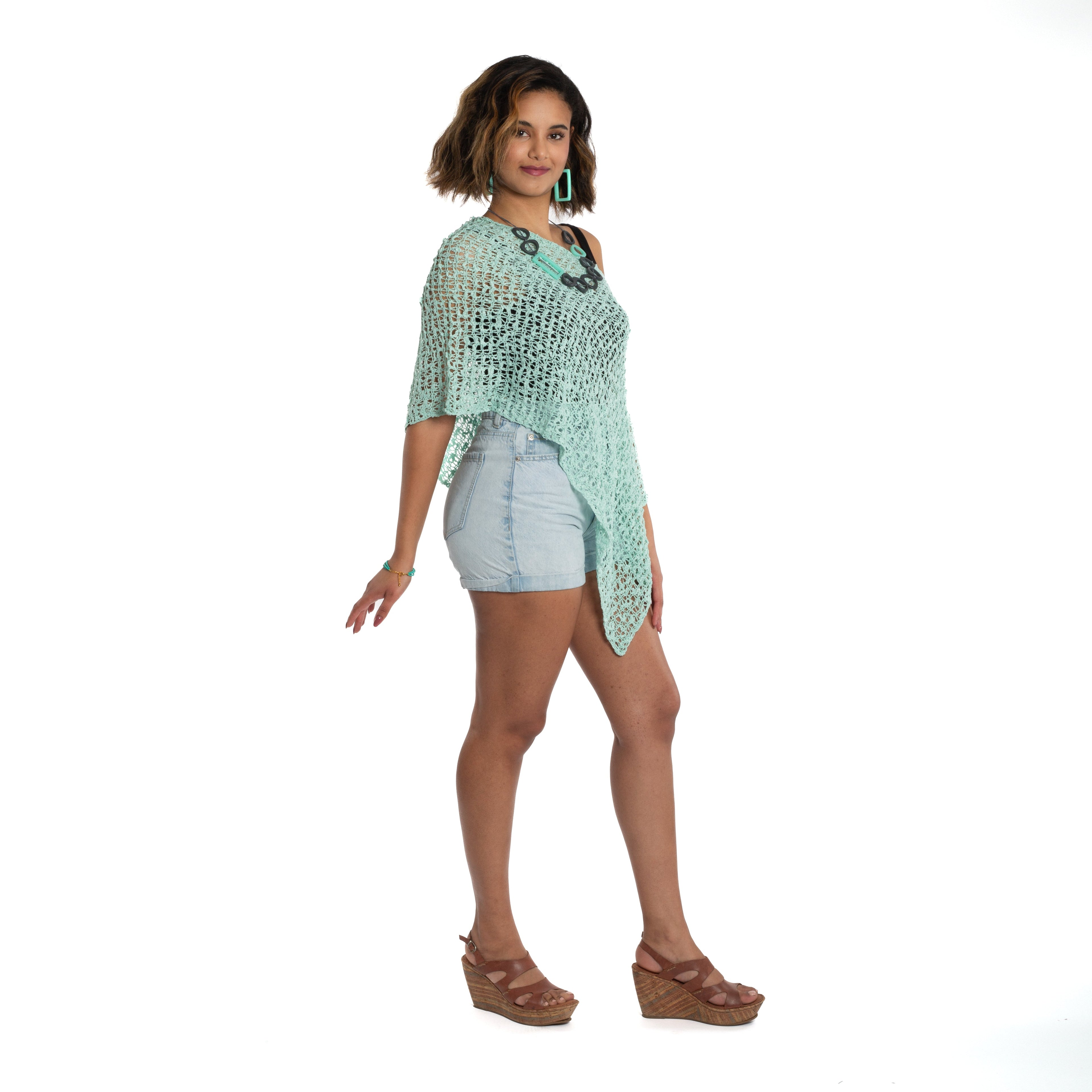 Short Popcorn Knit Poncho - Mint - Shopthatapp.ca