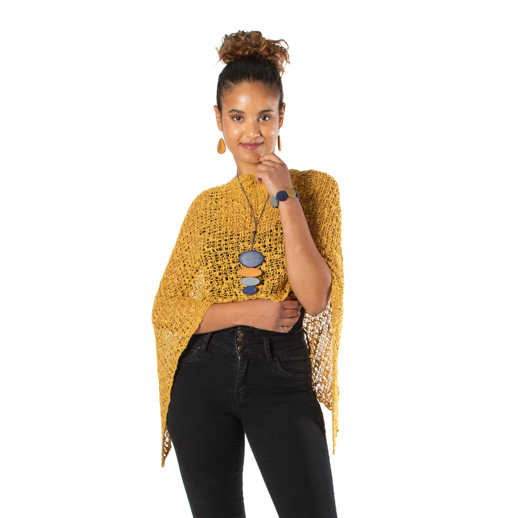 Short Popcorn Knit Poncho in Saffron - Stylish Saffron Knit Poncho for Women - Shopthatapp.ca