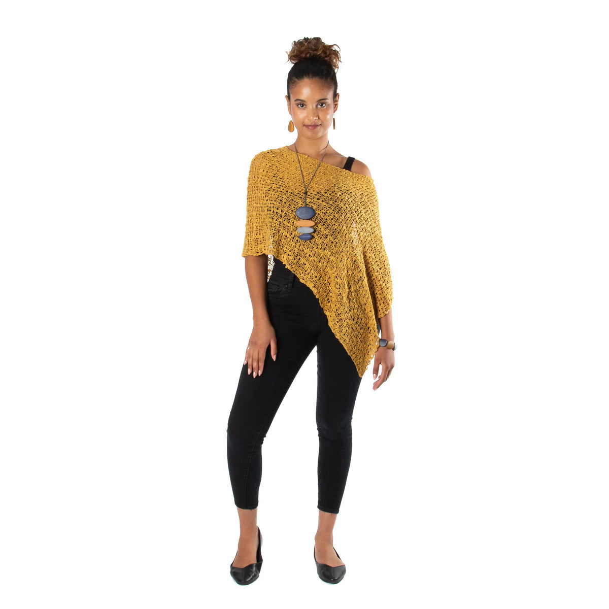 Saffron knit poncho for women by Suzie Blue Canada, featuring a short popcorn knit style, stylish and cozy knitwear.