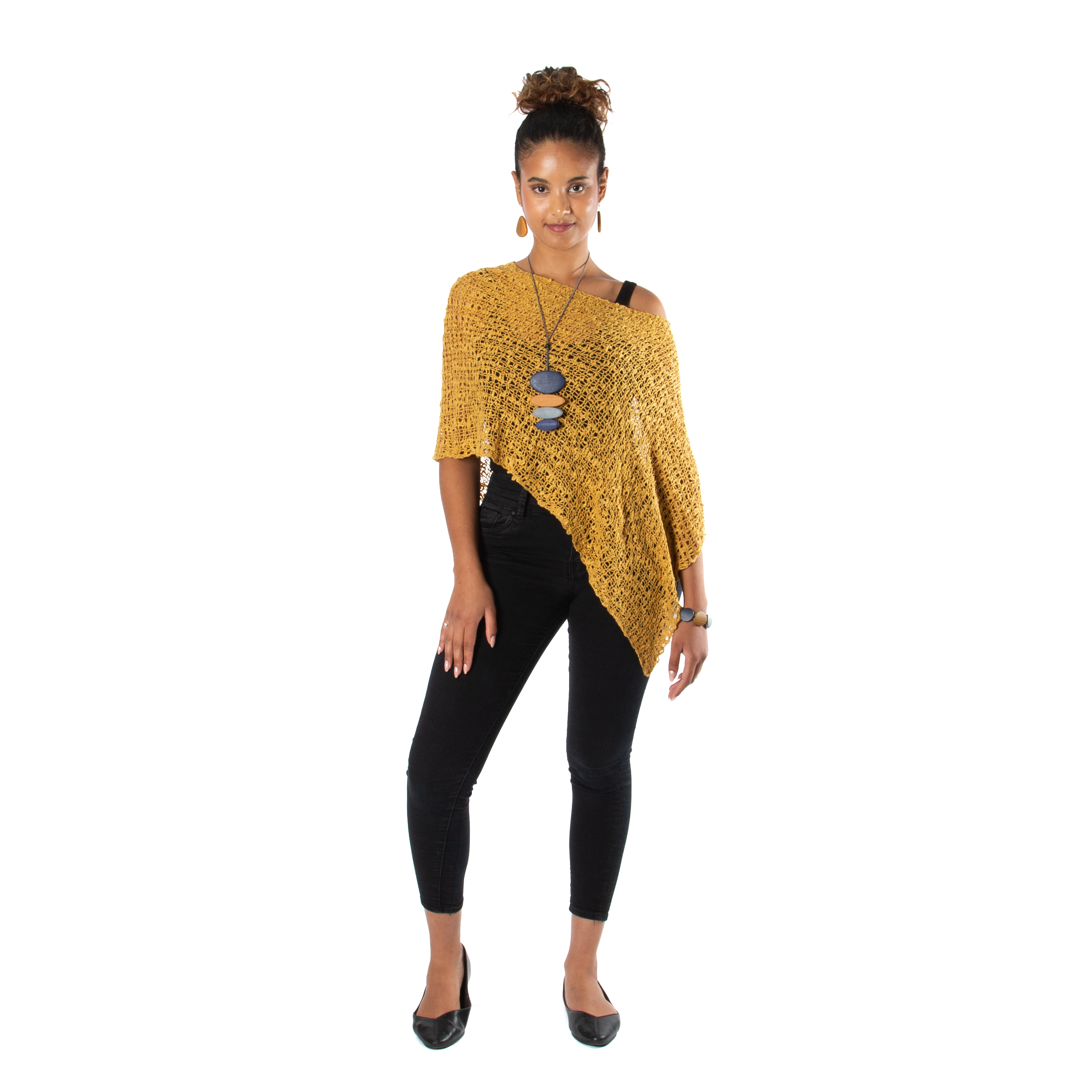 Short Popcorn Knit Poncho in Saffron - Stylish Saffron Knit Poncho for Women - Shopthatapp.ca