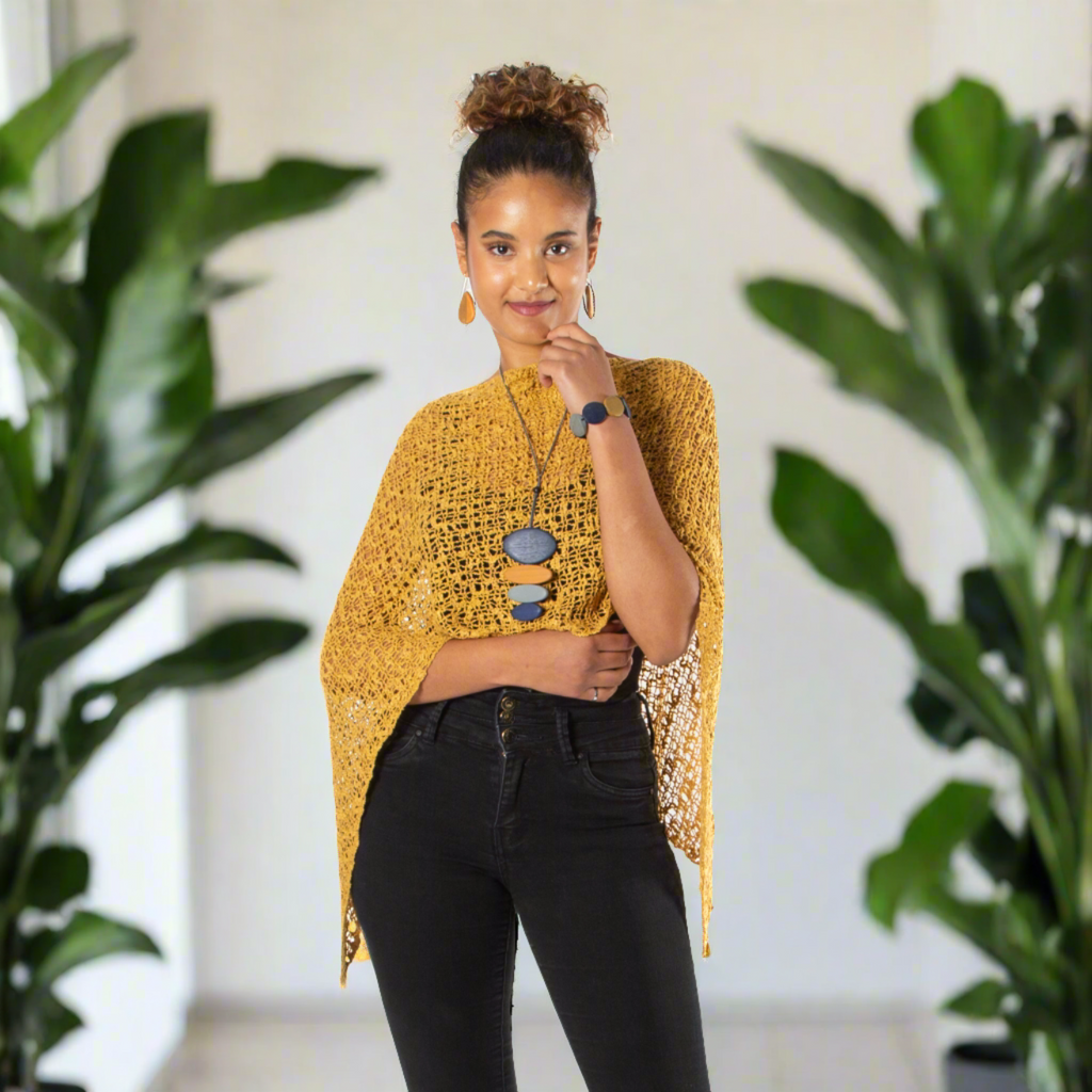 Short Popcorn Knit Poncho in Saffron - Stylish Saffron Knit Poncho for Women - Shopthatapp.ca
