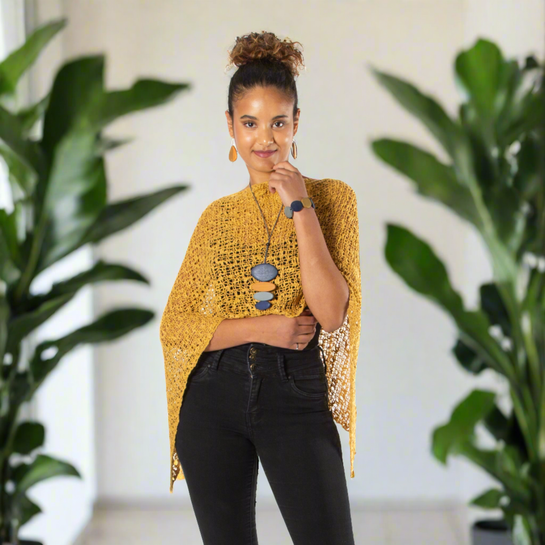 Short Popcorn Knit Poncho in Saffron - Stylish Saffron Knit Poncho for Women - Shopthatapp.ca