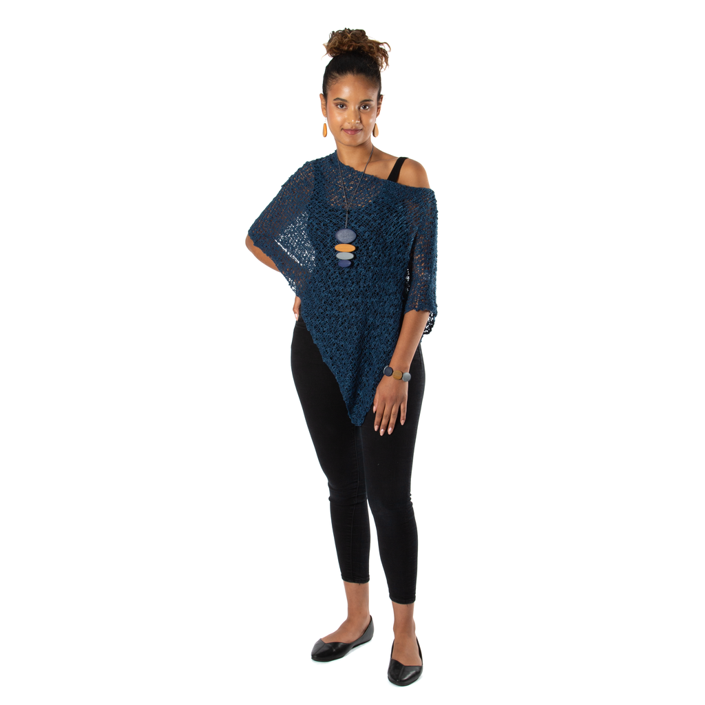 Short Navy Blue Popcorn Knit Poncho - Shopthatapp.ca