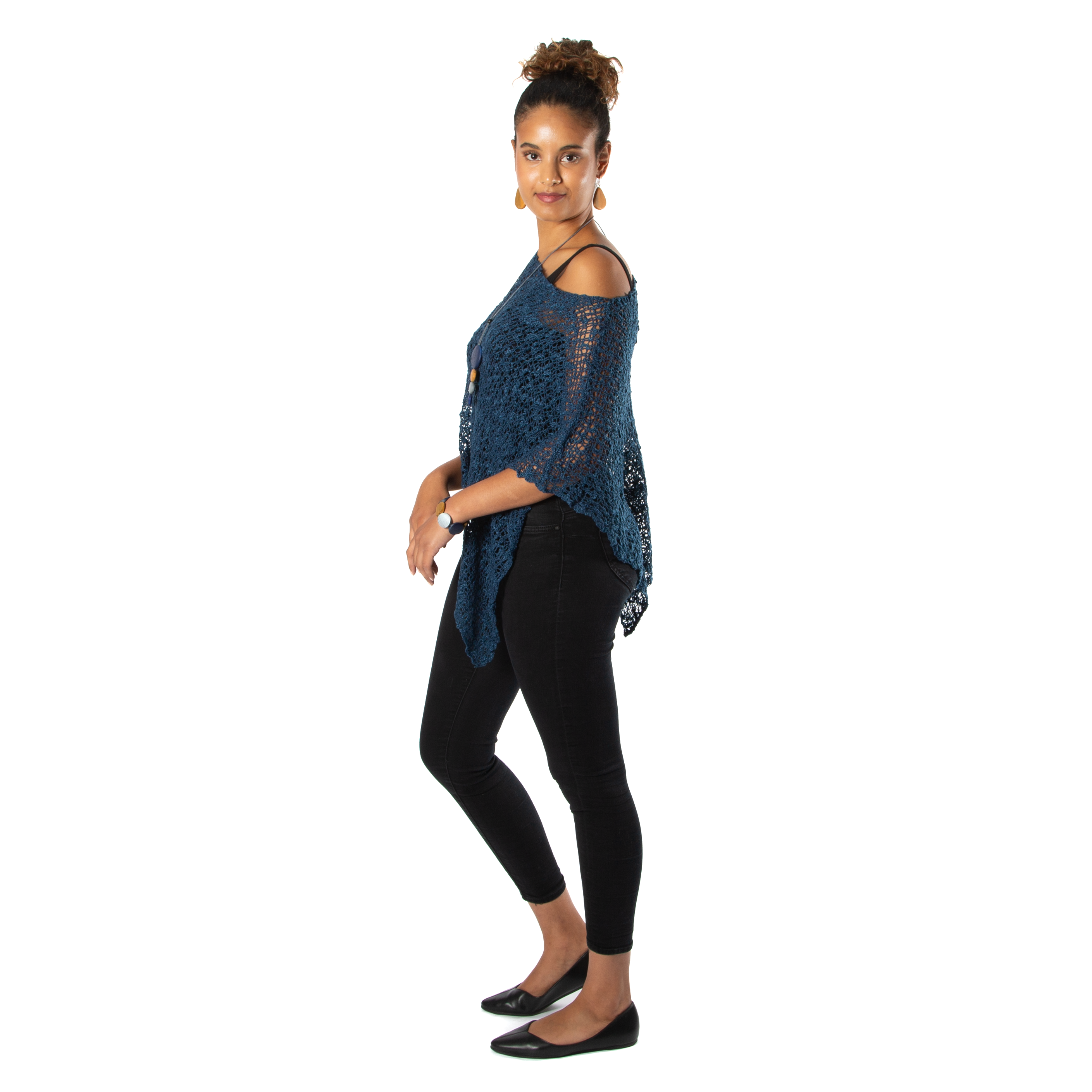 Short Navy Blue Popcorn Knit Poncho - Shopthatapp.ca