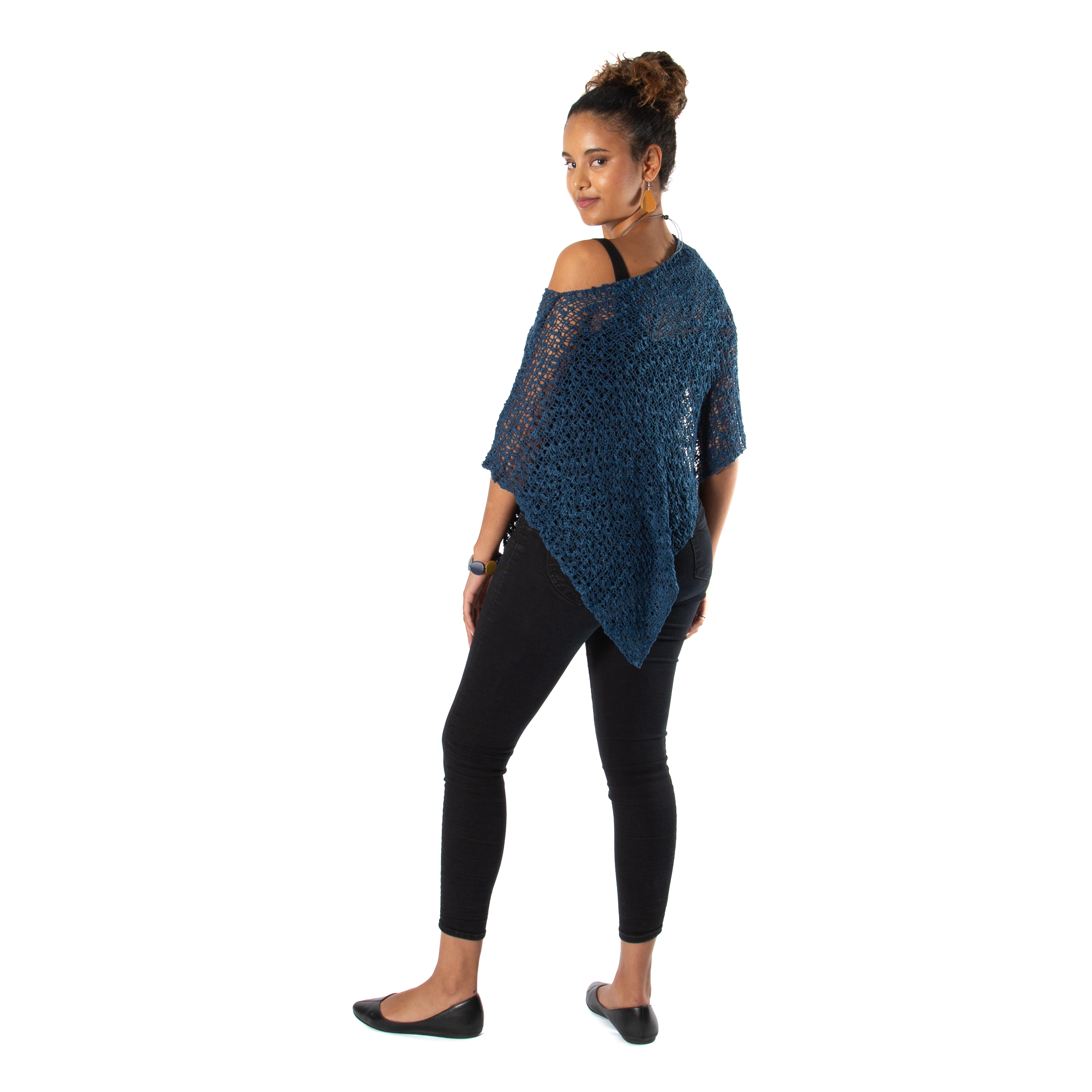 Short Navy Blue Popcorn Knit Poncho - Shopthatapp.ca