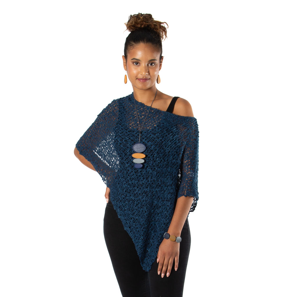 Short Navy Blue Popcorn Knit Poncho - Shopthatapp.ca