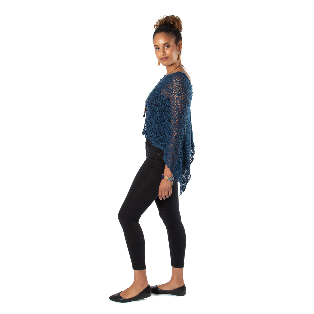 Short Navy Blue Popcorn Knit Poncho - Shopthatapp.ca