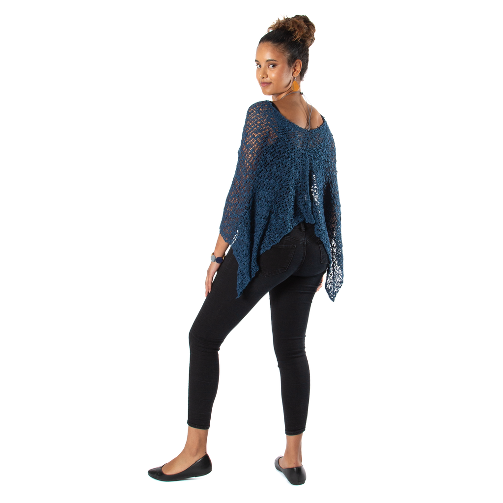 Short Navy Blue Popcorn Knit Poncho - Shopthatapp.ca