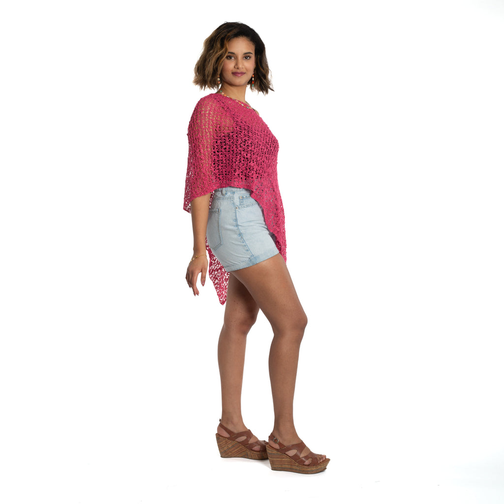 Short Popcorn Knit Poncho - Pink - Shopthatapp.ca