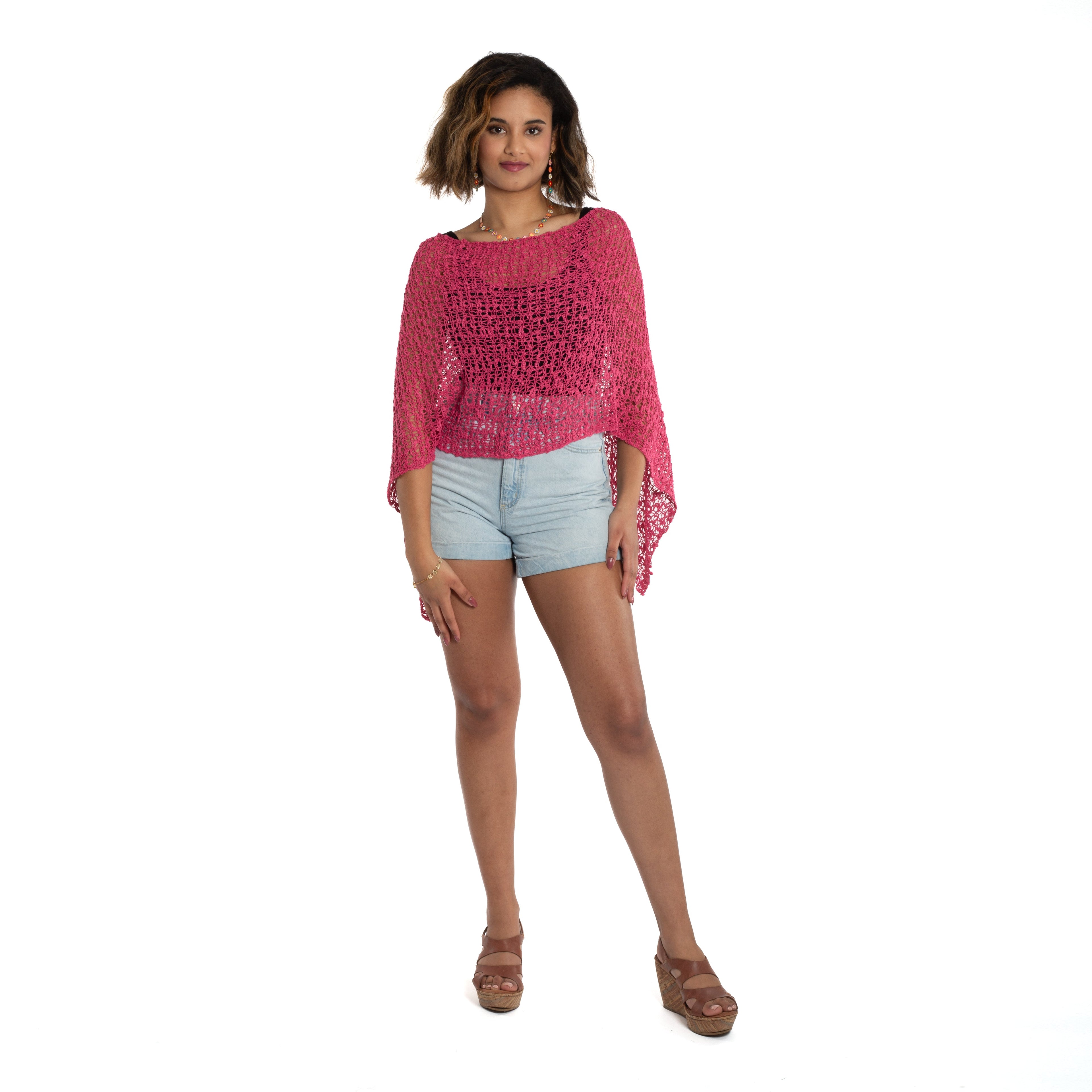 Short Popcorn Knit Poncho - Pink - Shopthatapp.ca
