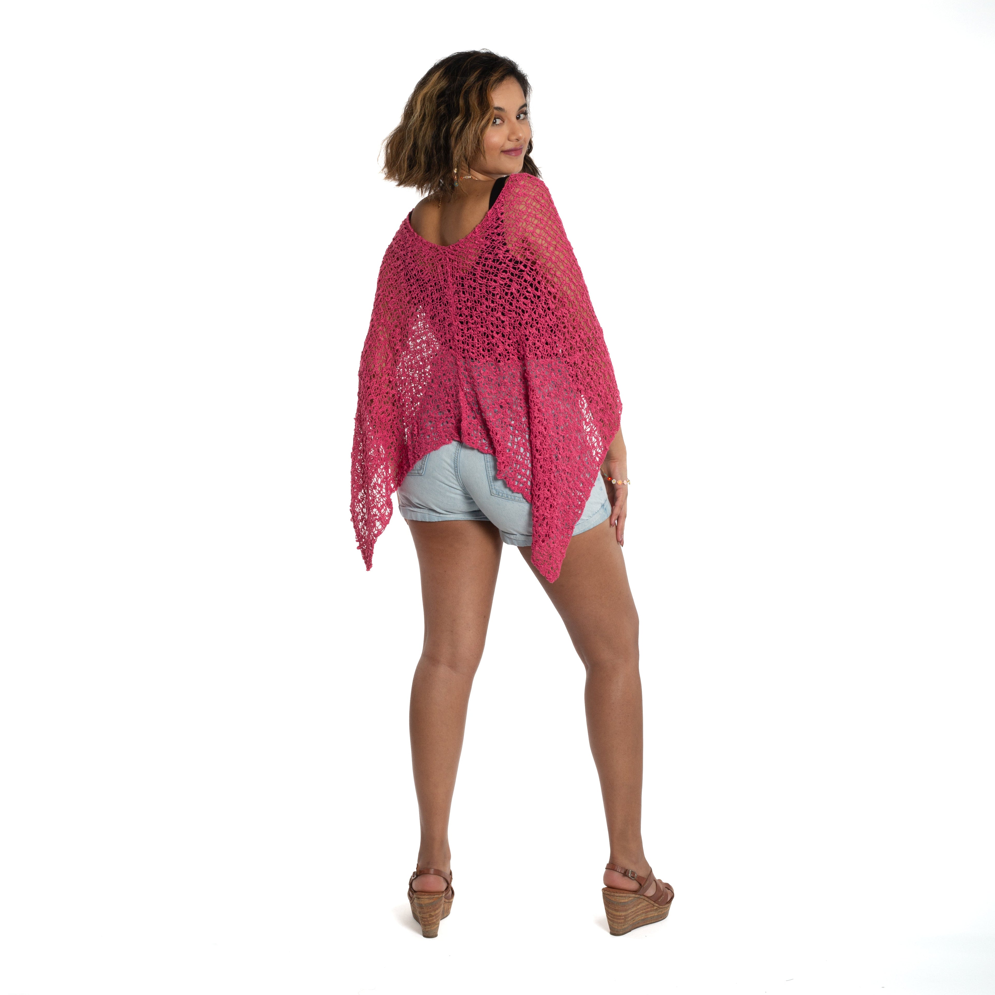 Short Popcorn Knit Poncho - Pink - Shopthatapp.ca