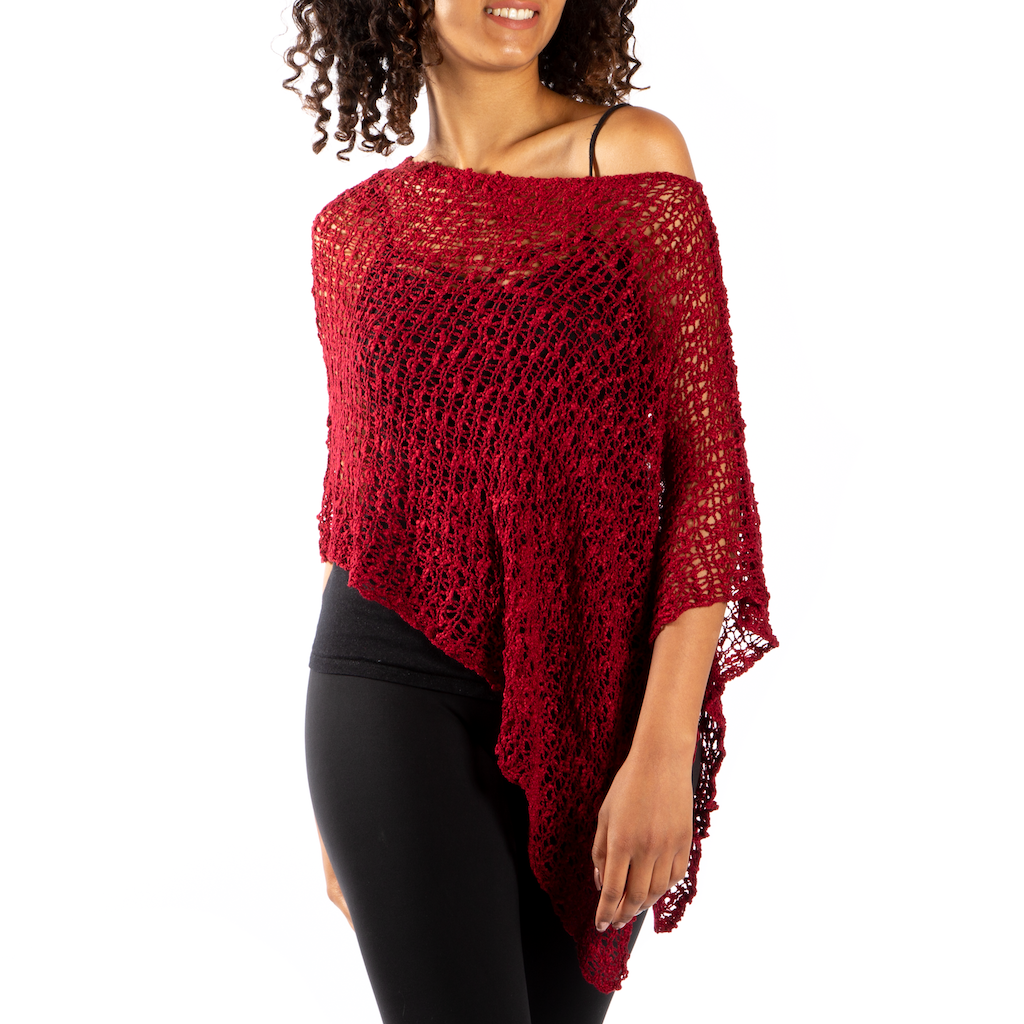 Short Popcorn Knit Poncho in Red - Cozy Red Popcorn Knit Poncho for Every Occasion - Shopthatapp.ca