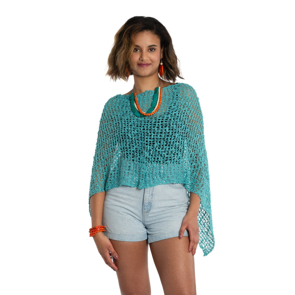 Short Teal Popcorn Knit Poncho - Your Stylish and Cozy Fashion Essential - Shopthatapp.ca