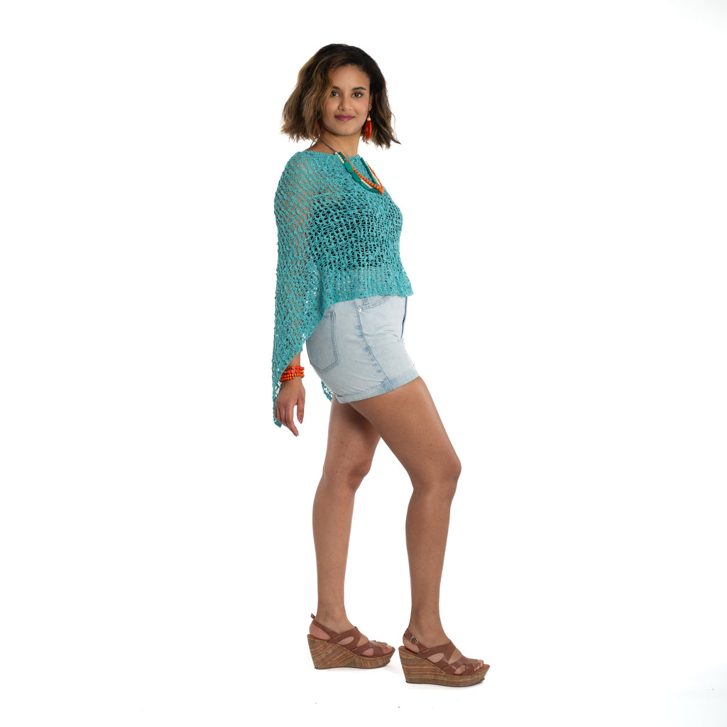Short Teal Popcorn Knit Poncho - Your Stylish and Cozy Fashion Essential - Shopthatapp.ca