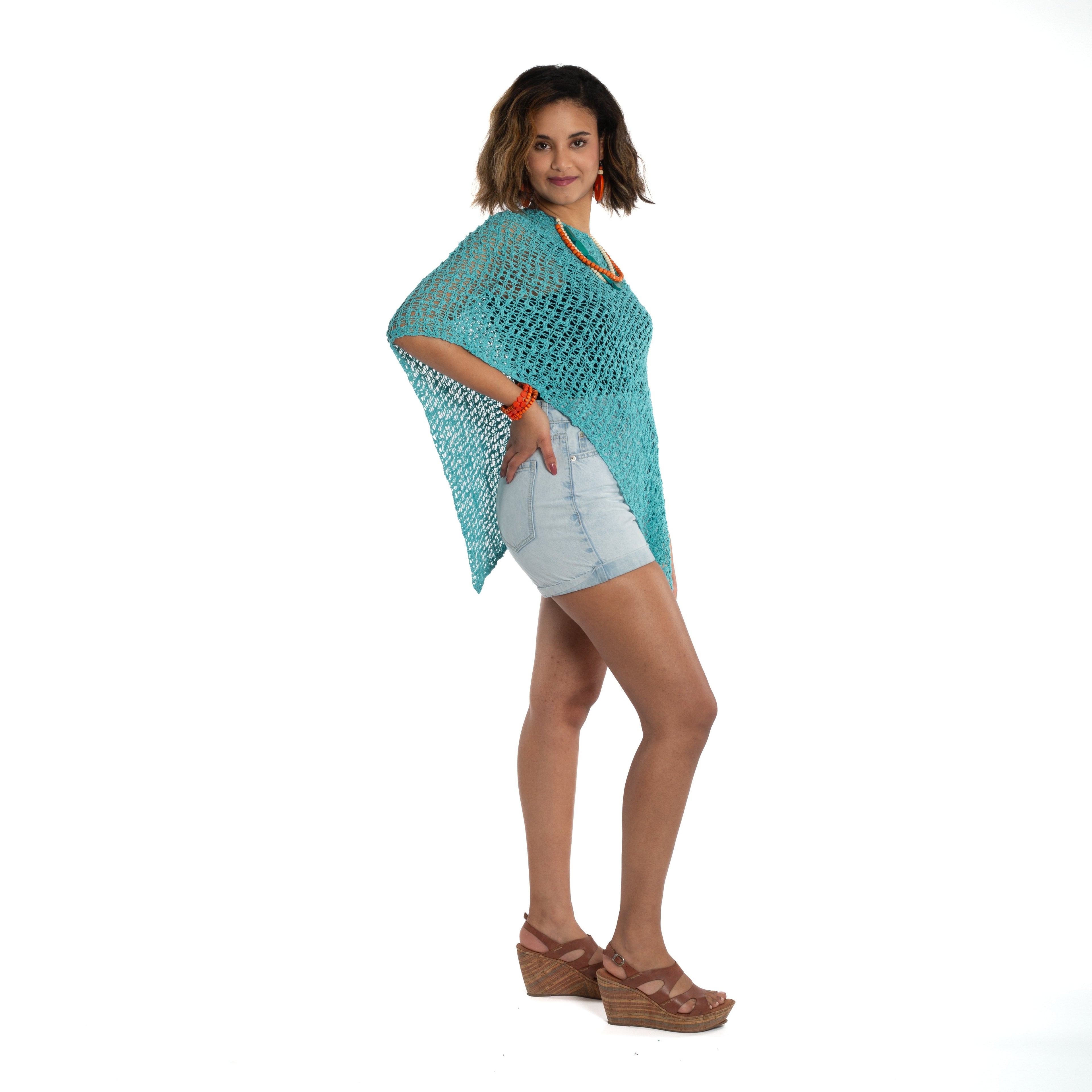 Short Teal Popcorn Knit Poncho - Your Stylish and Cozy Fashion Essential - Shopthatapp.ca