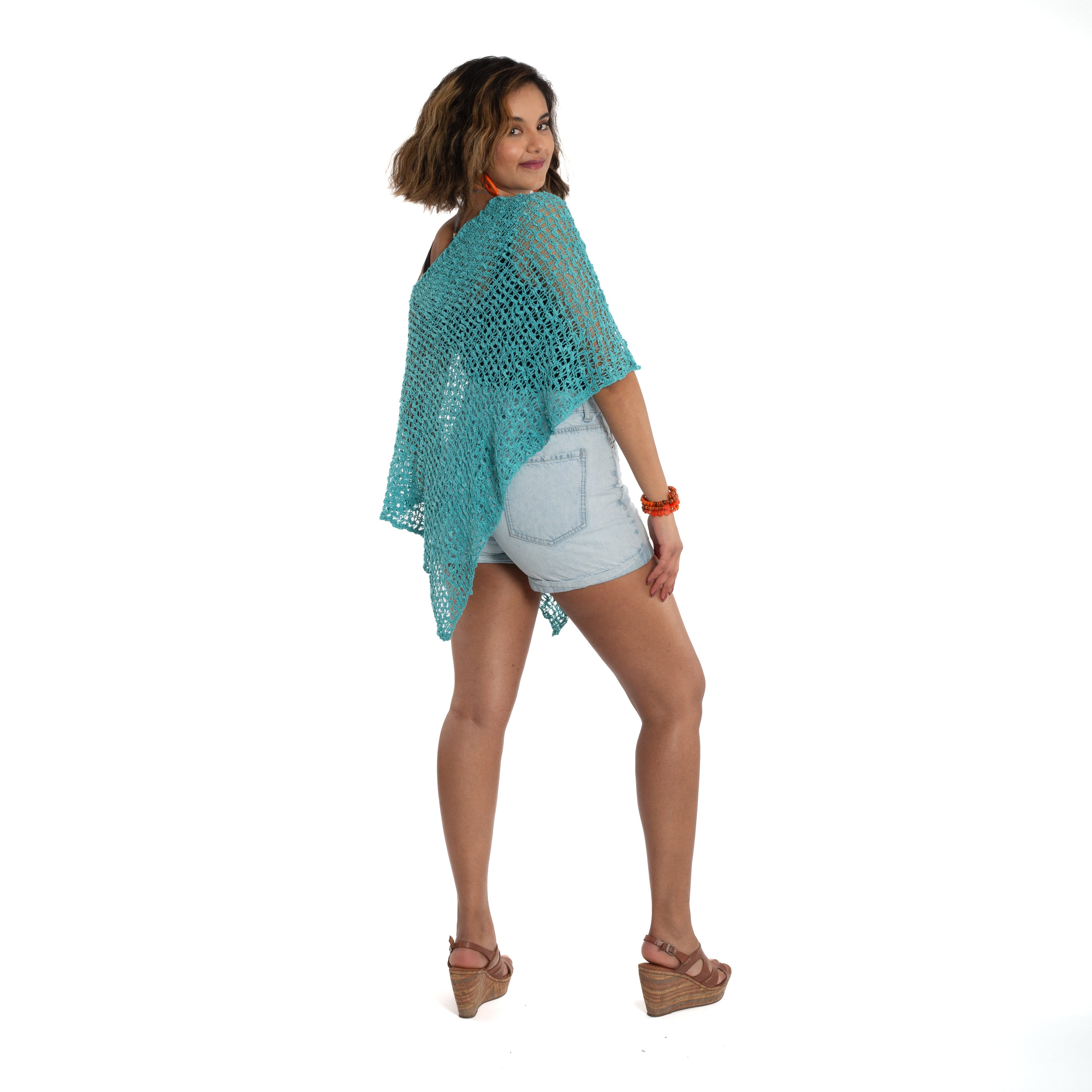 Short Teal Popcorn Knit Poncho - Your Stylish and Cozy Fashion Essential - Shopthatapp.ca