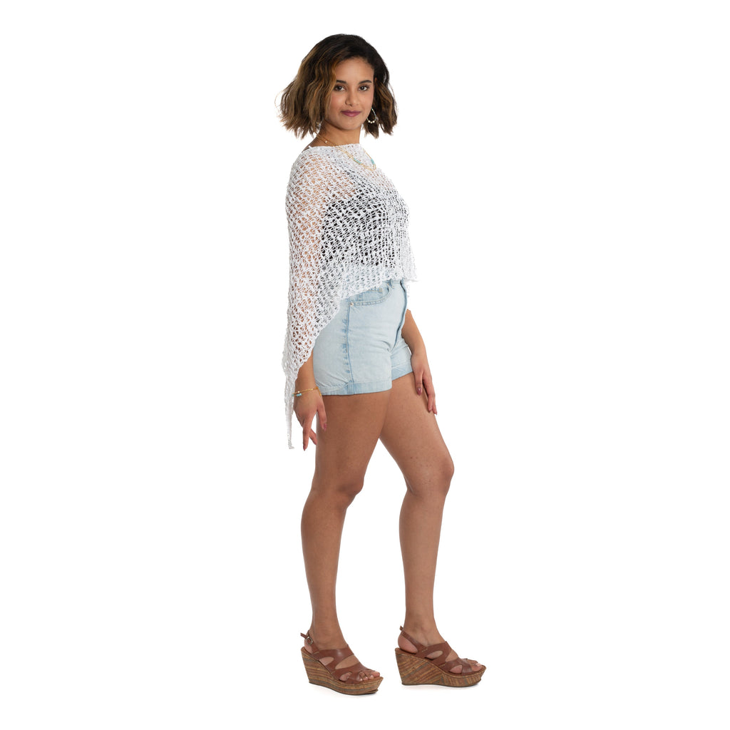Short Popcorn Knit Poncho - White - Shopthatapp.ca