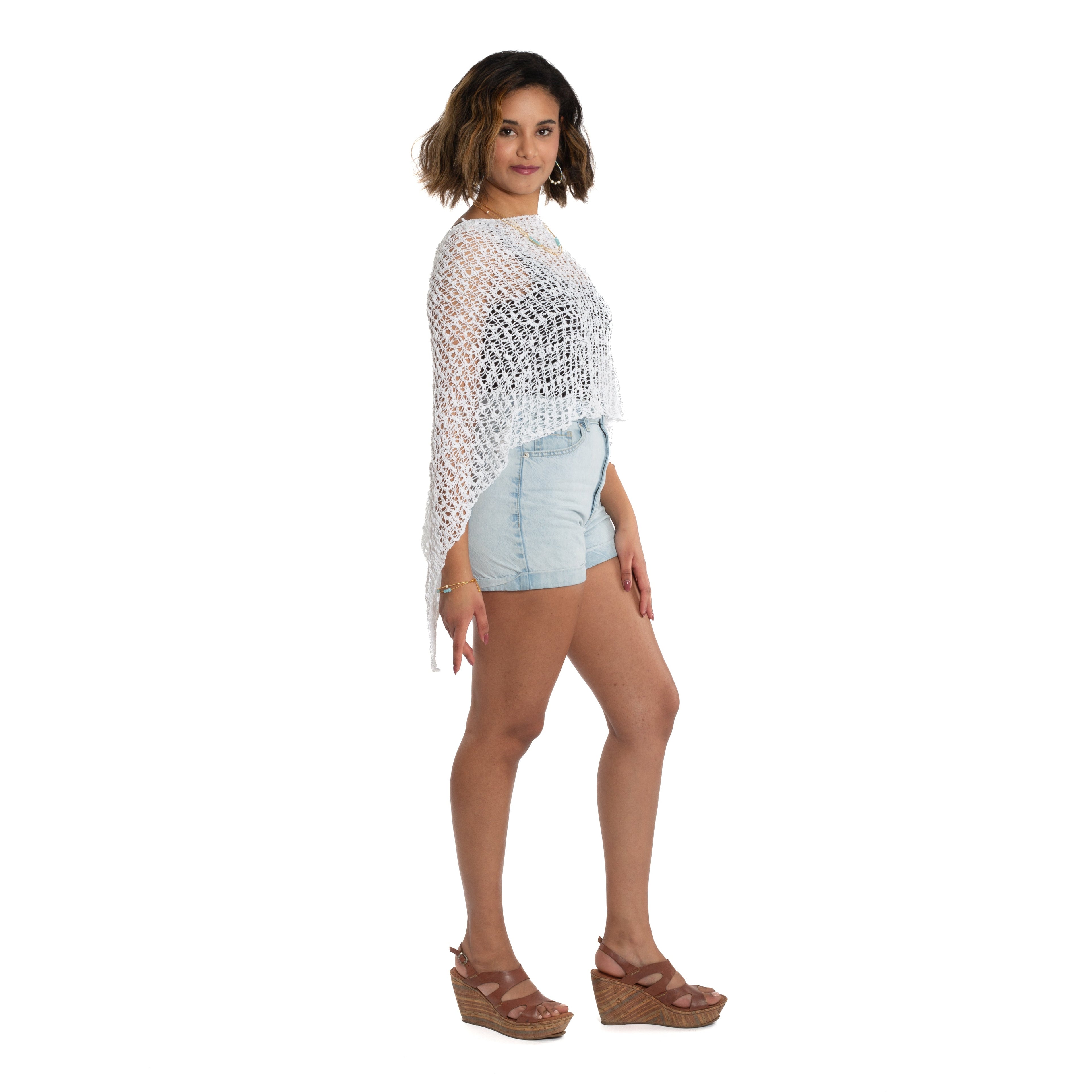 Short Popcorn Knit Poncho - White - Shopthatapp.ca
