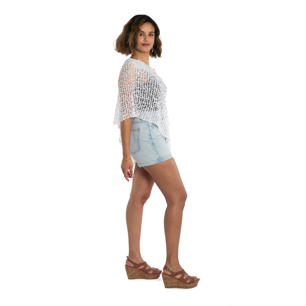 Short Popcorn Knit Poncho - White - Shopthatapp.ca