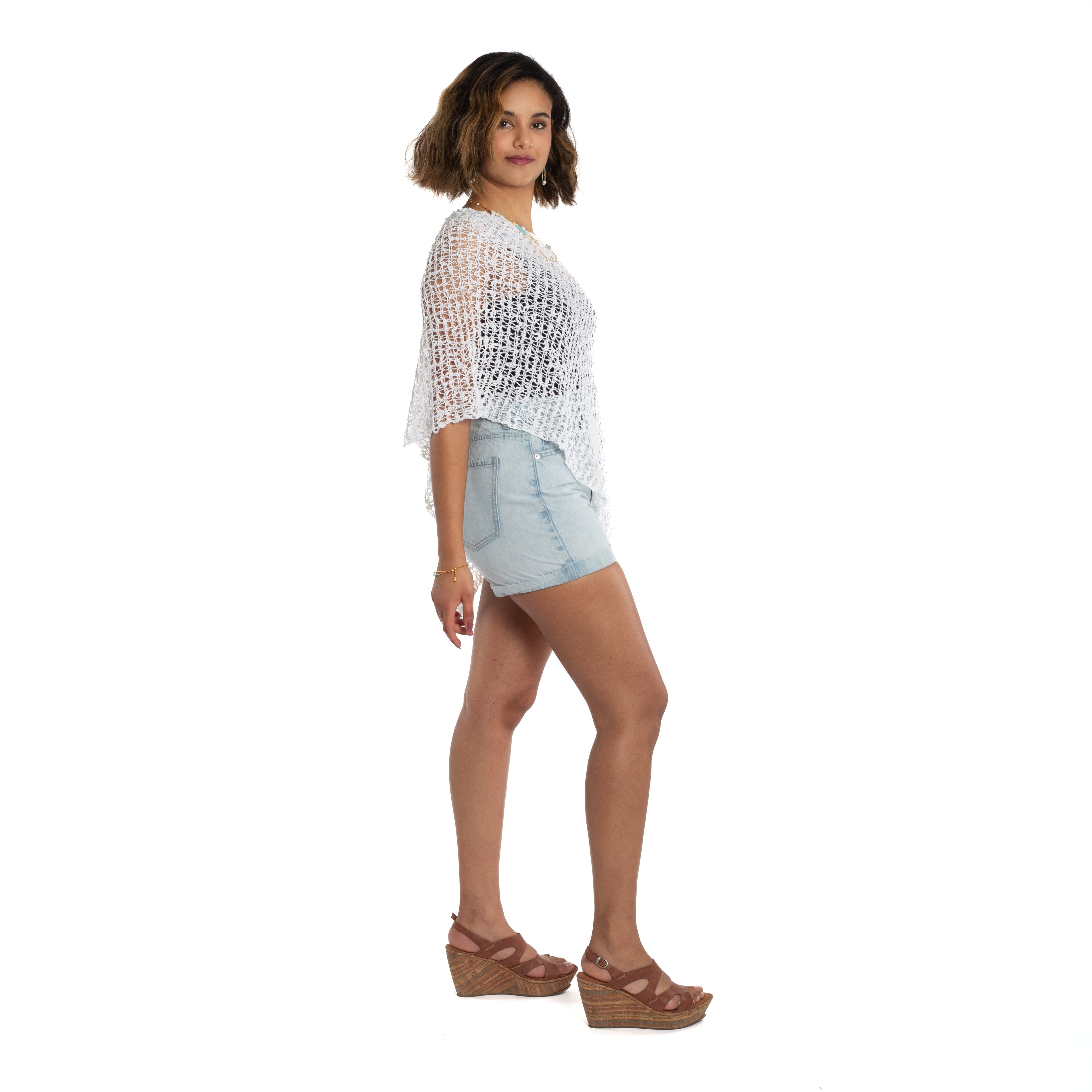 Short Popcorn Knit Poncho - White - Shopthatapp.ca