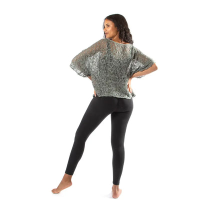Grey popcorn knit top by Suzie Blue Canada, close-up of soft textured fabric and relaxed fit style.