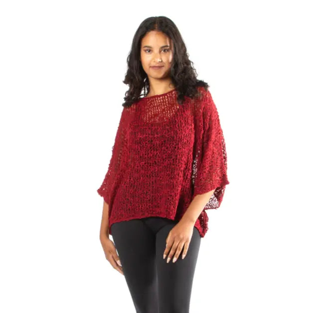 Dark red knit top by Suzie Blue Canada featuring popcorn texture, cozy fit, and stylish design for casual or chic outfits.